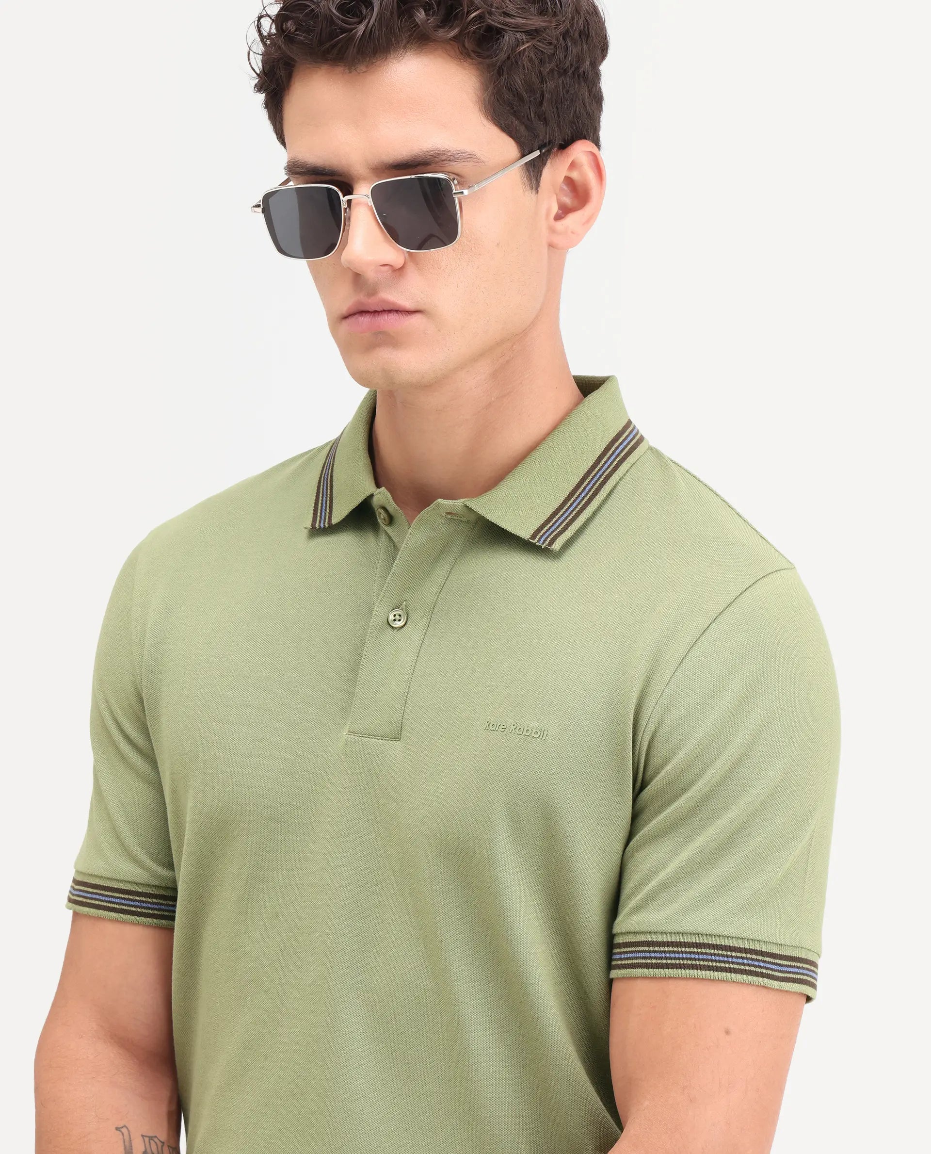 Rare Rabbit Men's Zena Sage Cotton Blend Fabric Half Sleeve Spread Collar Regular Fit Plain Polo