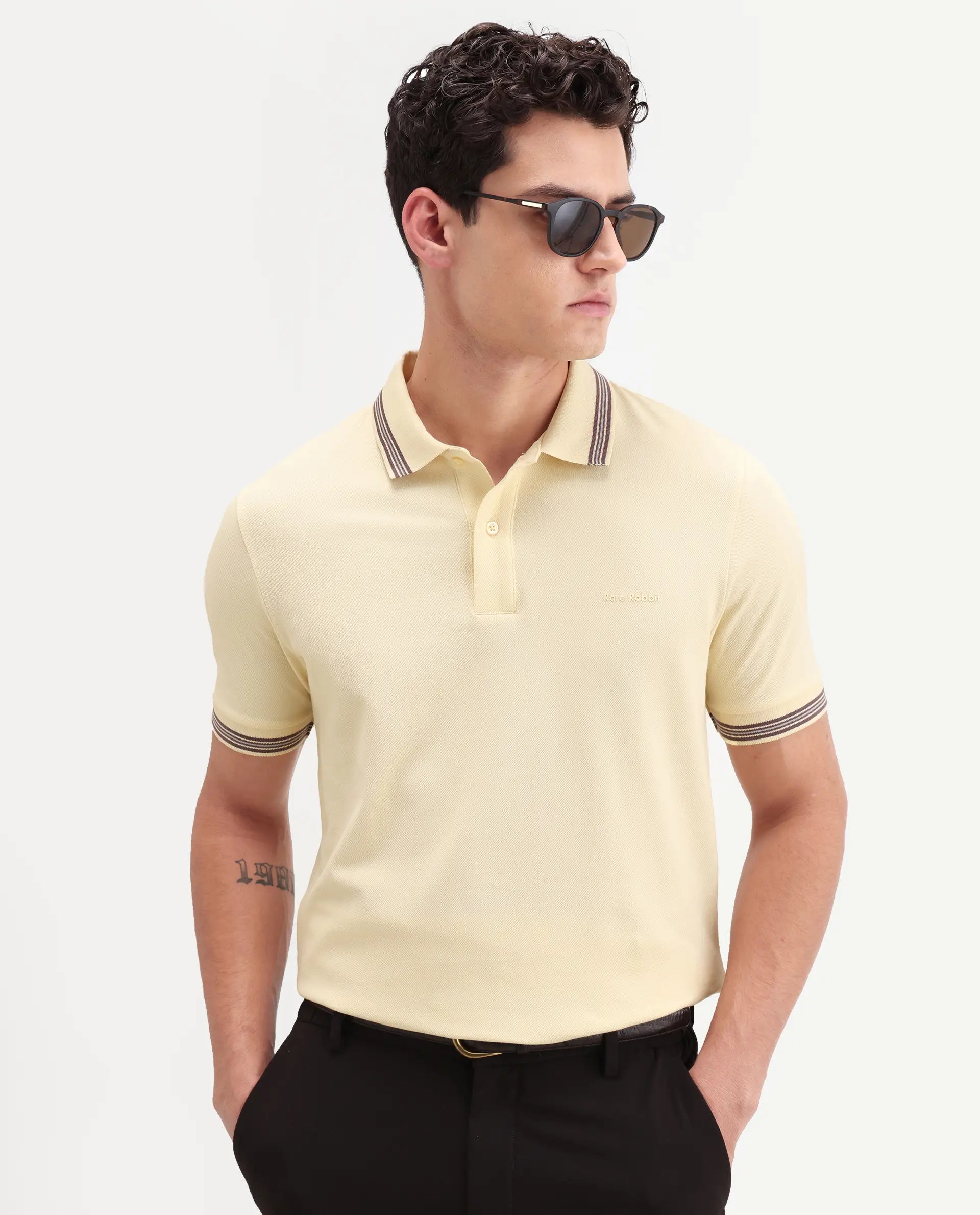 Rare Rabbit Men's Zena Light Yellow Cotton Blend Fabric Half Sleeve Spread Collar Regular Fit Plain Polo
