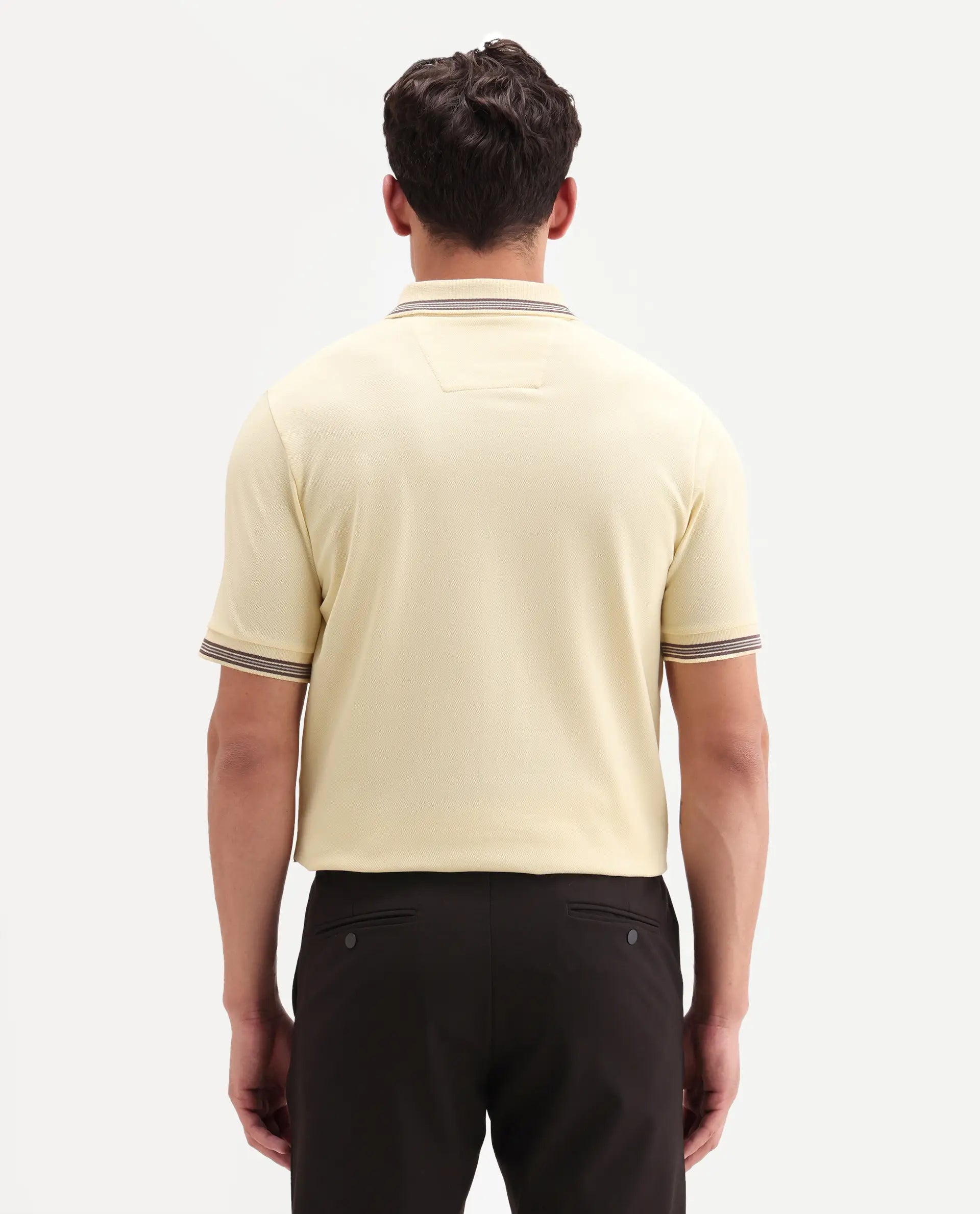 Rare Rabbit Men's Zena Light Yellow Cotton Blend Fabric Half Sleeve Spread Collar Regular Fit Plain Polo