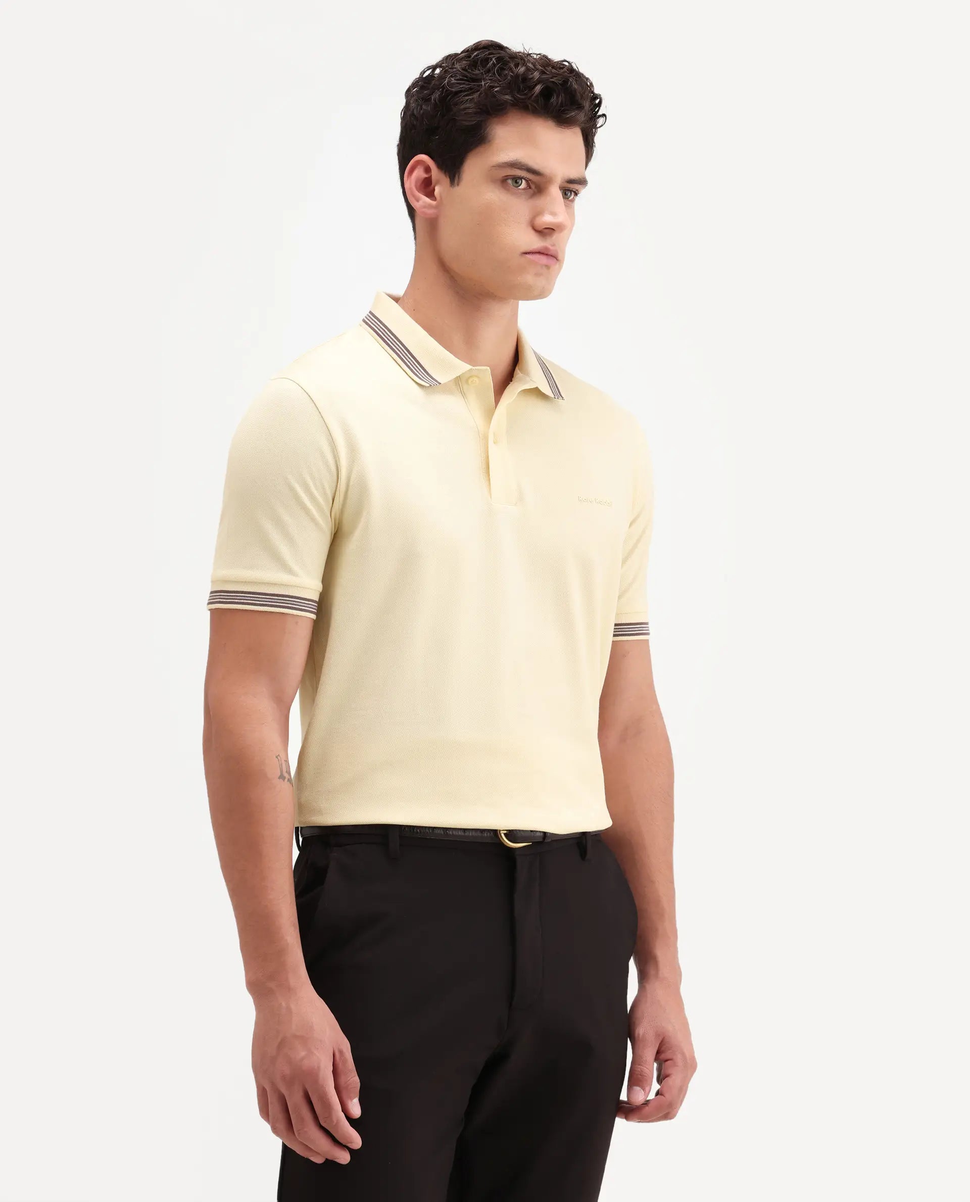 Rare Rabbit Men's Zena Light Yellow Cotton Blend Fabric Half Sleeve Spread Collar Regular Fit Plain Polo
