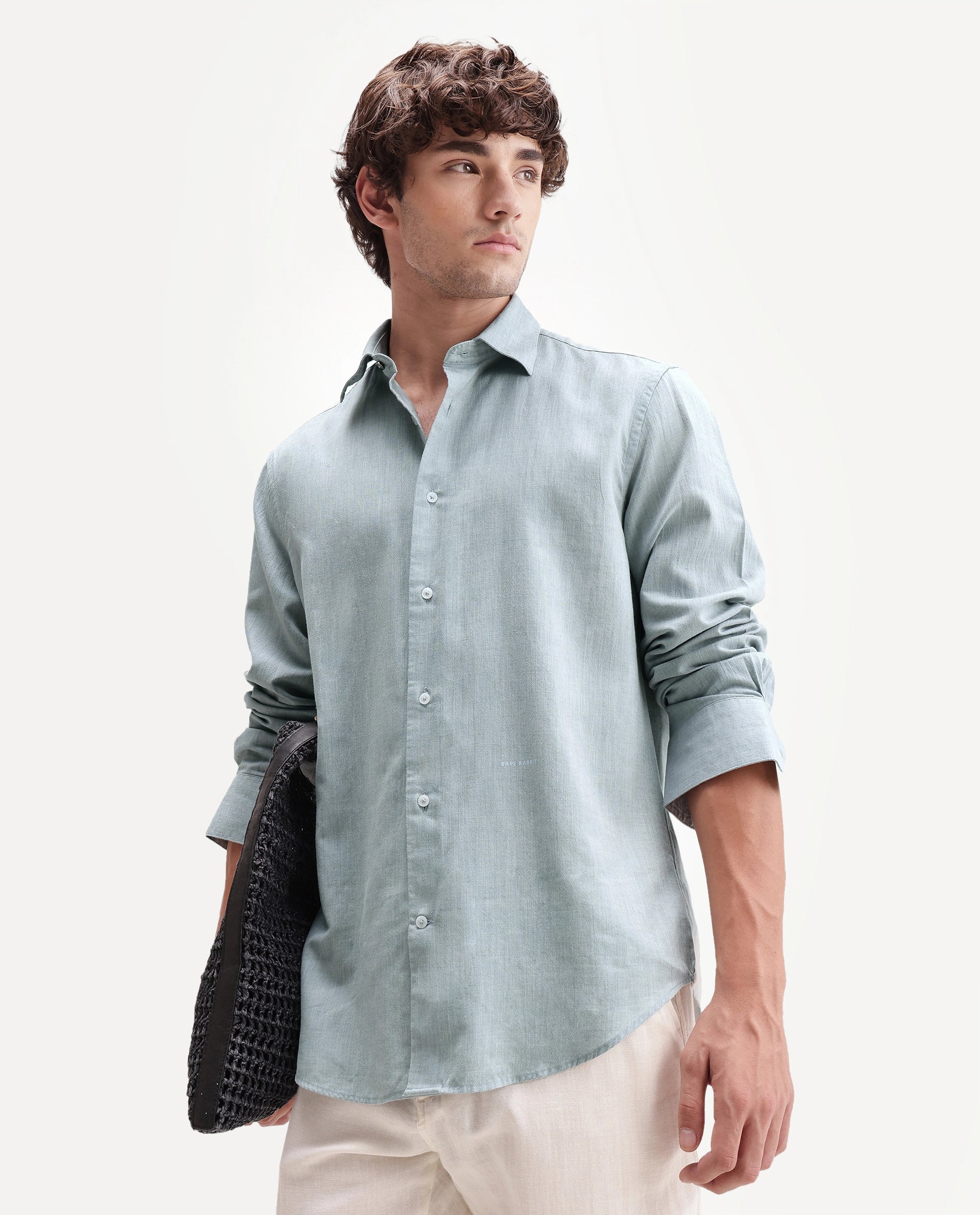 Rare Rabbit Men's Bonc Dusky Blue Linen Blend Fabric Full Sleeve Spread Collar Button Regular Plain Shirt