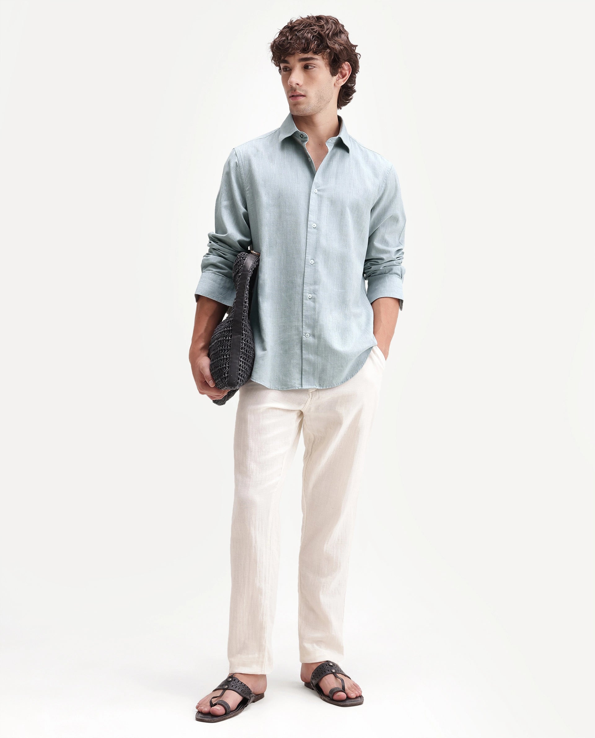 Rare Rabbit Men's Bonc Dusky Blue Linen Blend Fabric Full Sleeve Spread Collar Button Regular Plain Shirt