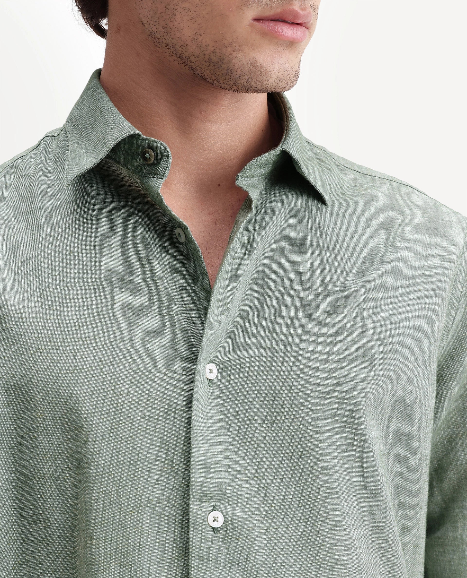 Rare Rabbit Men's Bonc Dusky Green Linen Blend Fabric Full Sleeve Spread Collar Button Regular Plain Shirt