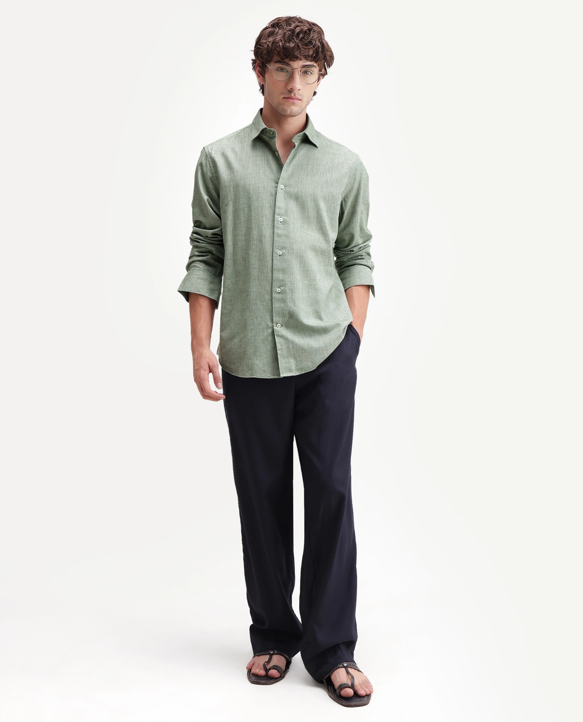 Rare Rabbit Men's Bonc Dusky Green Linen Blend Fabric Full Sleeve Spread Collar Button Regular Plain Shirt