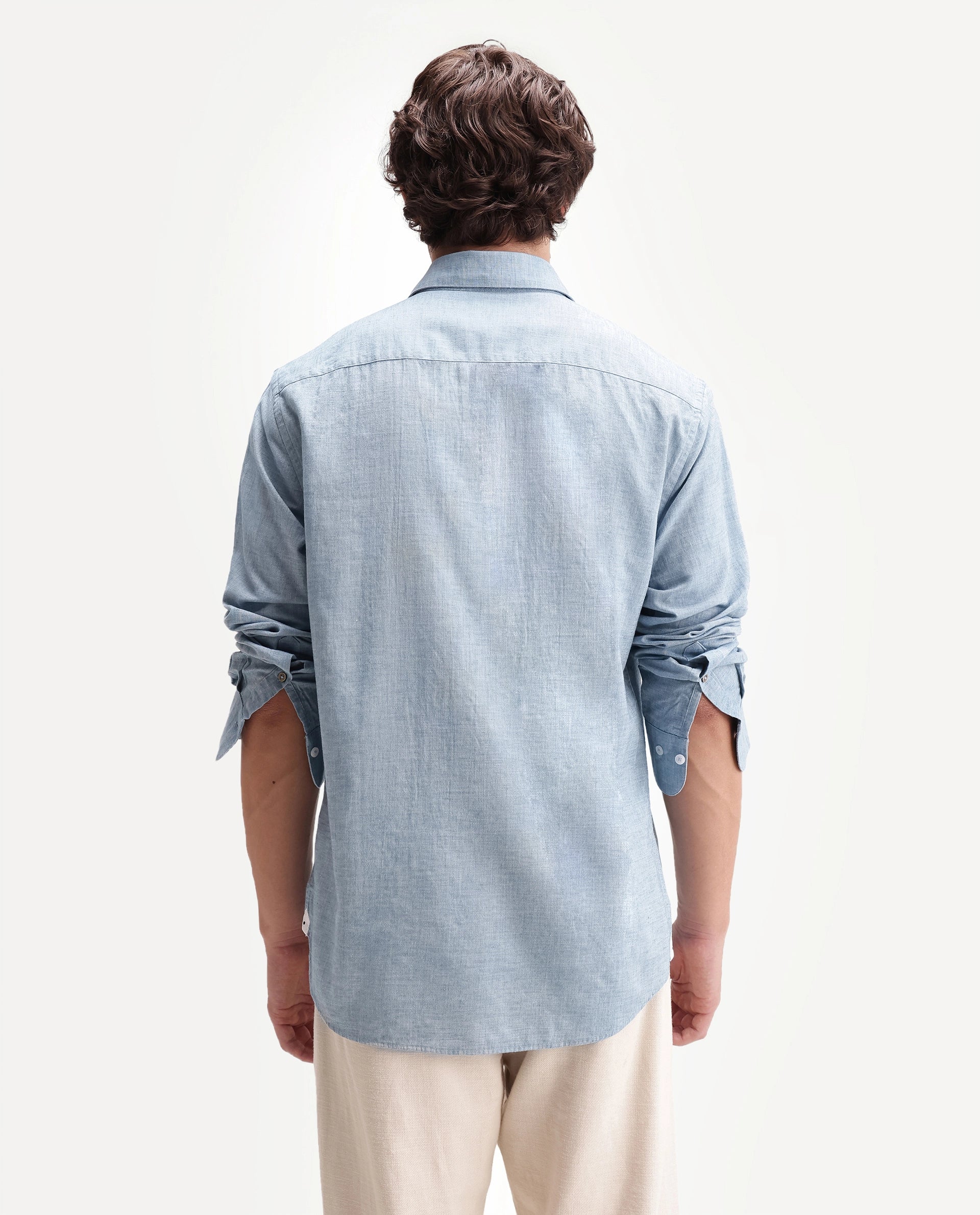 Rare Rabbit Men's Bonc Blue Linen Blend Fabric Full Sleeve Spread Collar Button Regular Plain Shirt
