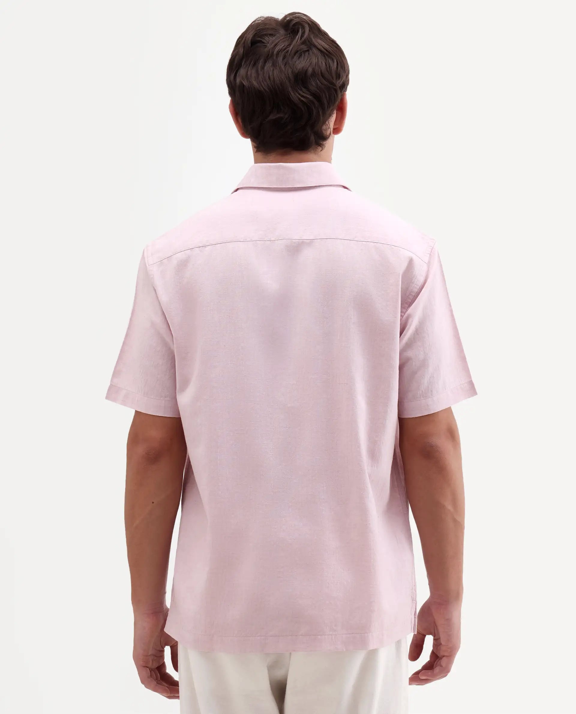 Rare Rabbit Men's Bonc-Ss Pink Linen Blend Fabric Half Sleeve Spread Collar Button Regular Plain Shirt
