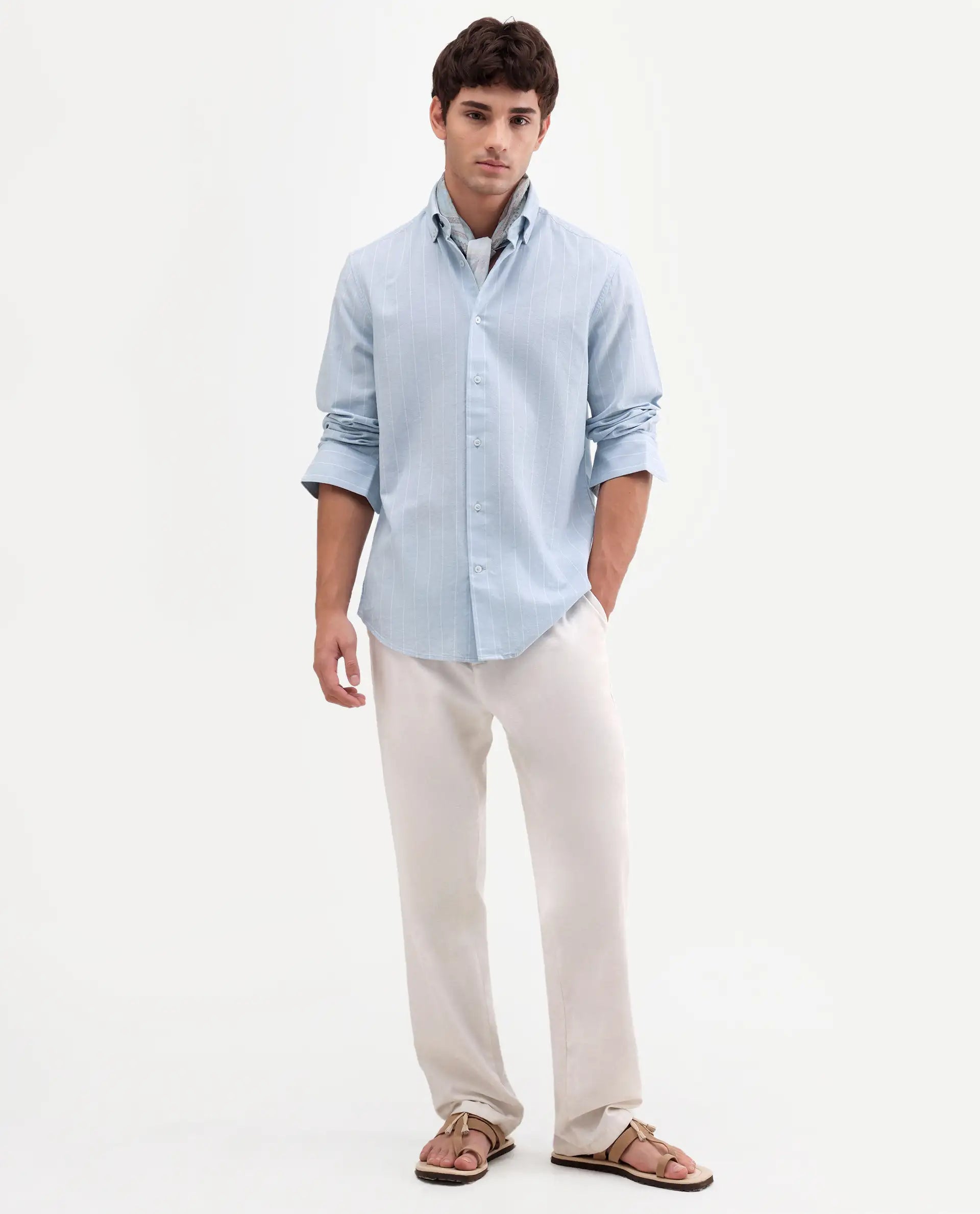 Rare Rabbit Men's Dalti Light Blue Linen Blend Fabric Full Sleeve Spread Collar Button Regular Fit Striped Shirt