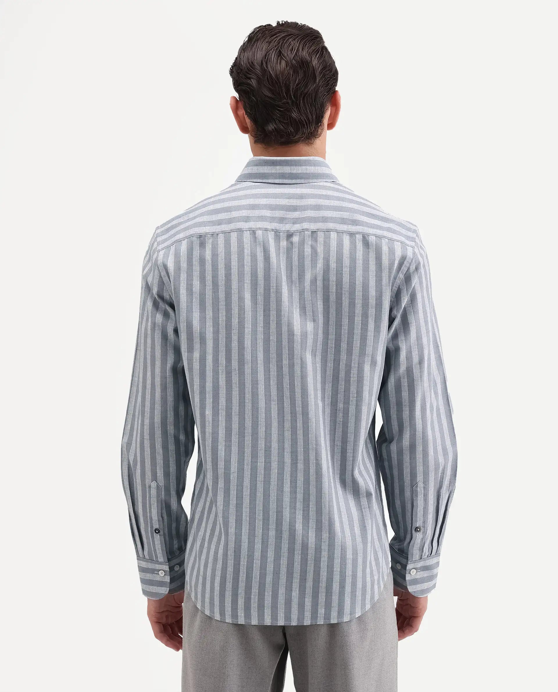 Rare Rabbit Men's Mink Dark Grey 100% Linen Fabric Full Sleeve Spread Collar Button Regular Fit Striped Shirt