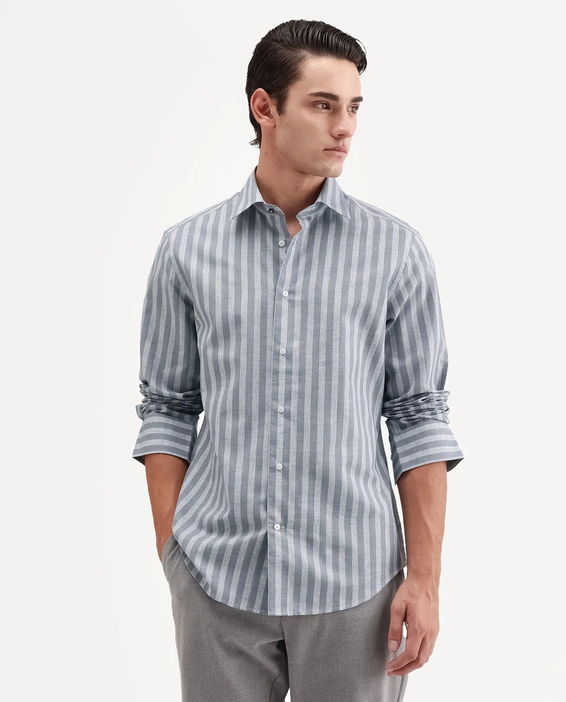 Rare Rabbit Men's Mink Dark Grey 100% Linen Fabric Full Sleeve Spread Collar Button Regular Fit Striped Shirt