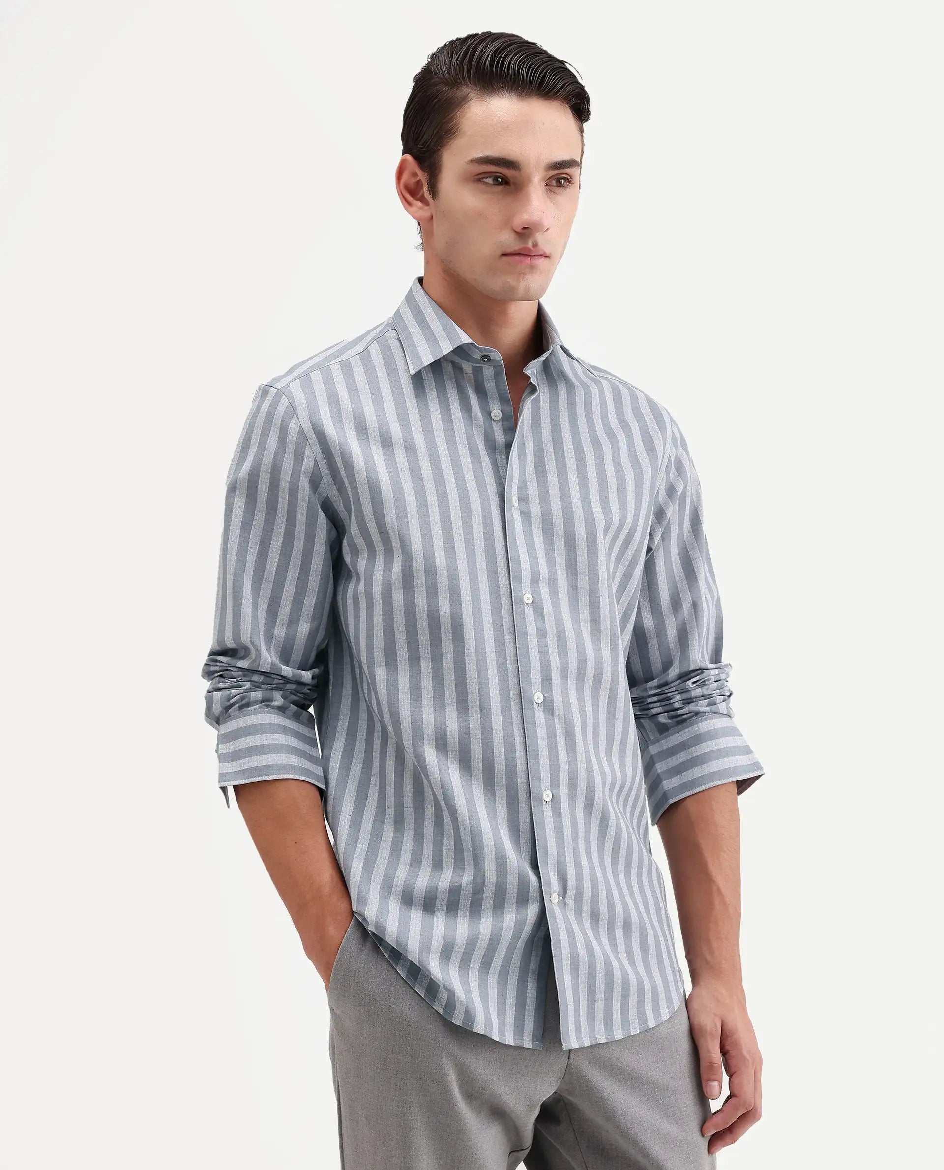 Rare Rabbit Men's Mink Dark Grey 100% Linen Fabric Full Sleeve Spread Collar Button Regular Fit Striped Shirt