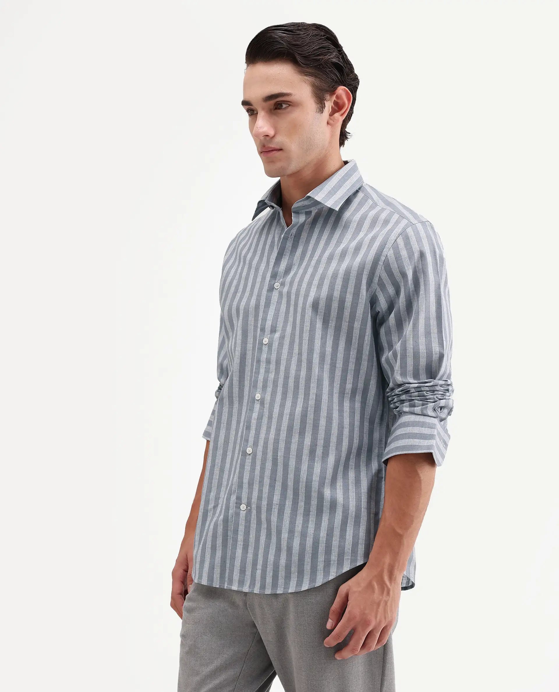 Rare Rabbit Men's Mink Dark Grey 100% Linen Fabric Full Sleeve Spread Collar Button Regular Fit Striped Shirt