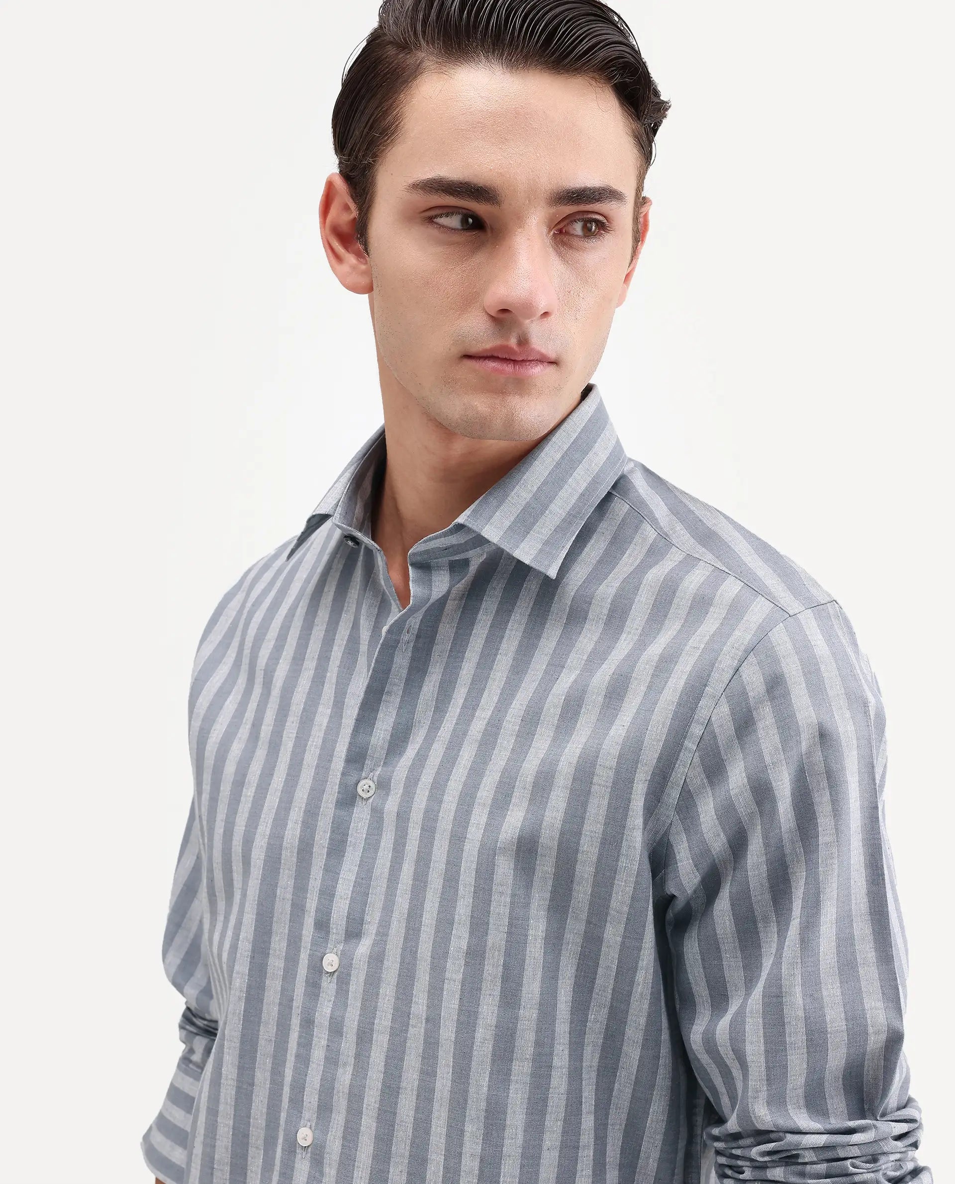 Rare Rabbit Men's Mink Dark Grey 100% Linen Fabric Full Sleeve Spread Collar Button Regular Fit Striped Shirt