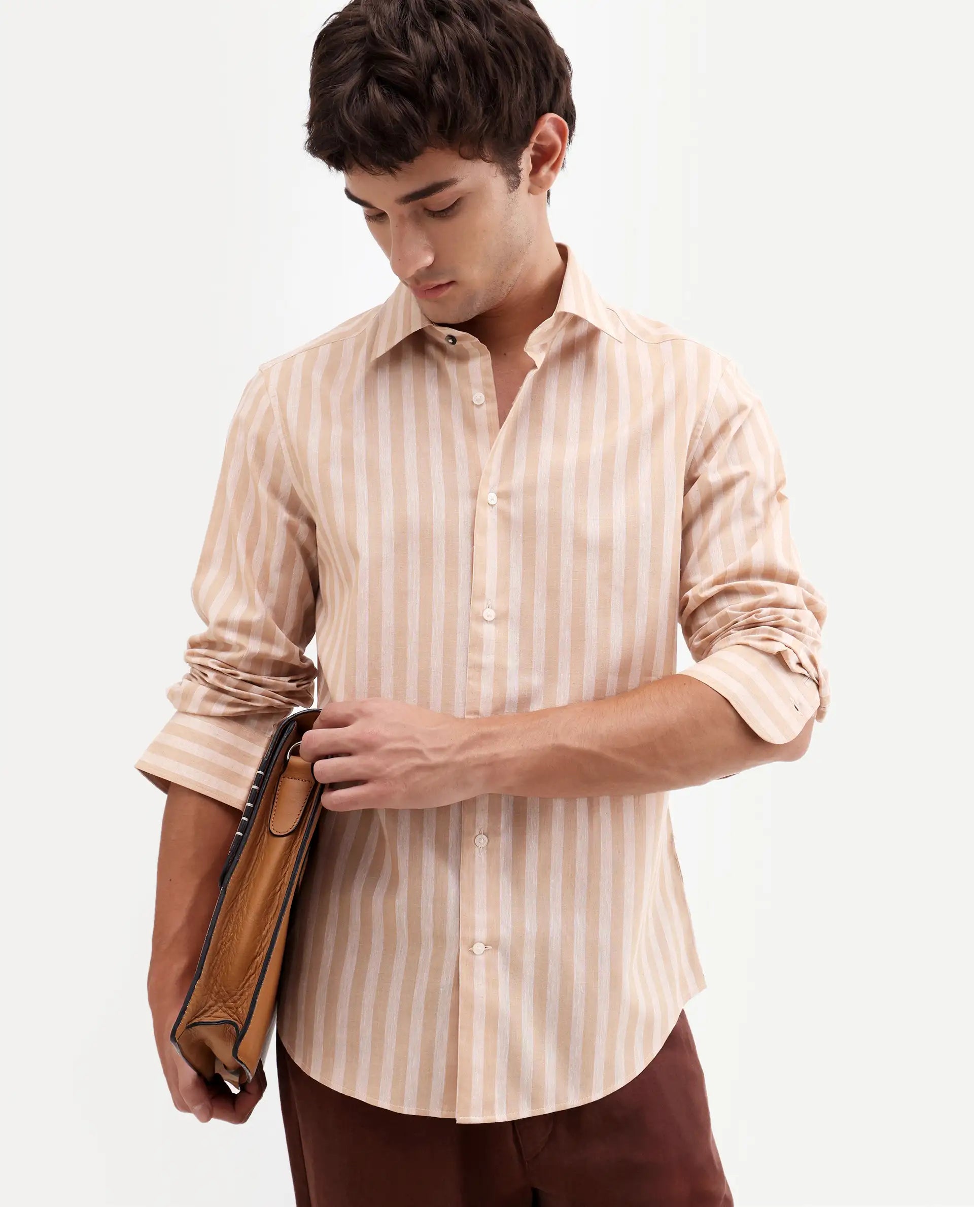 Rare Rabbit Men's Mink Beige 100% Linen Fabric Full Sleeve Spread Collar Button Regular Fit Striped Shirt