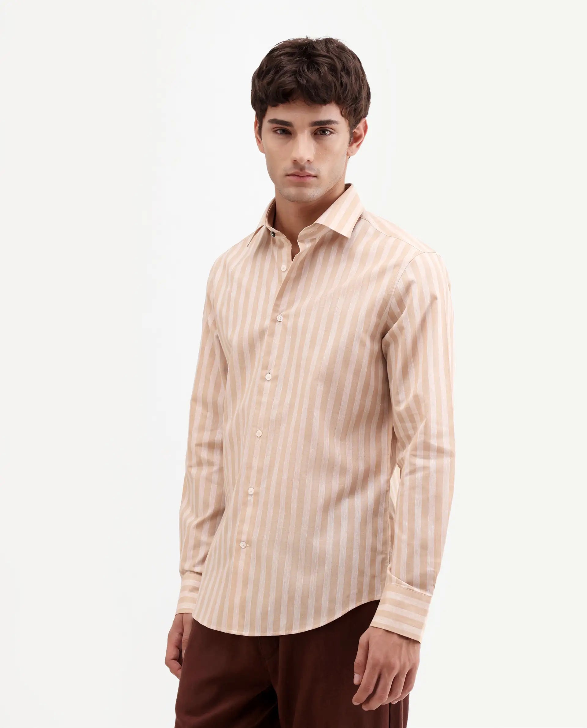 Rare Rabbit Men's Mink Beige 100% Linen Fabric Full Sleeve Spread Collar Button Regular Fit Striped Shirt