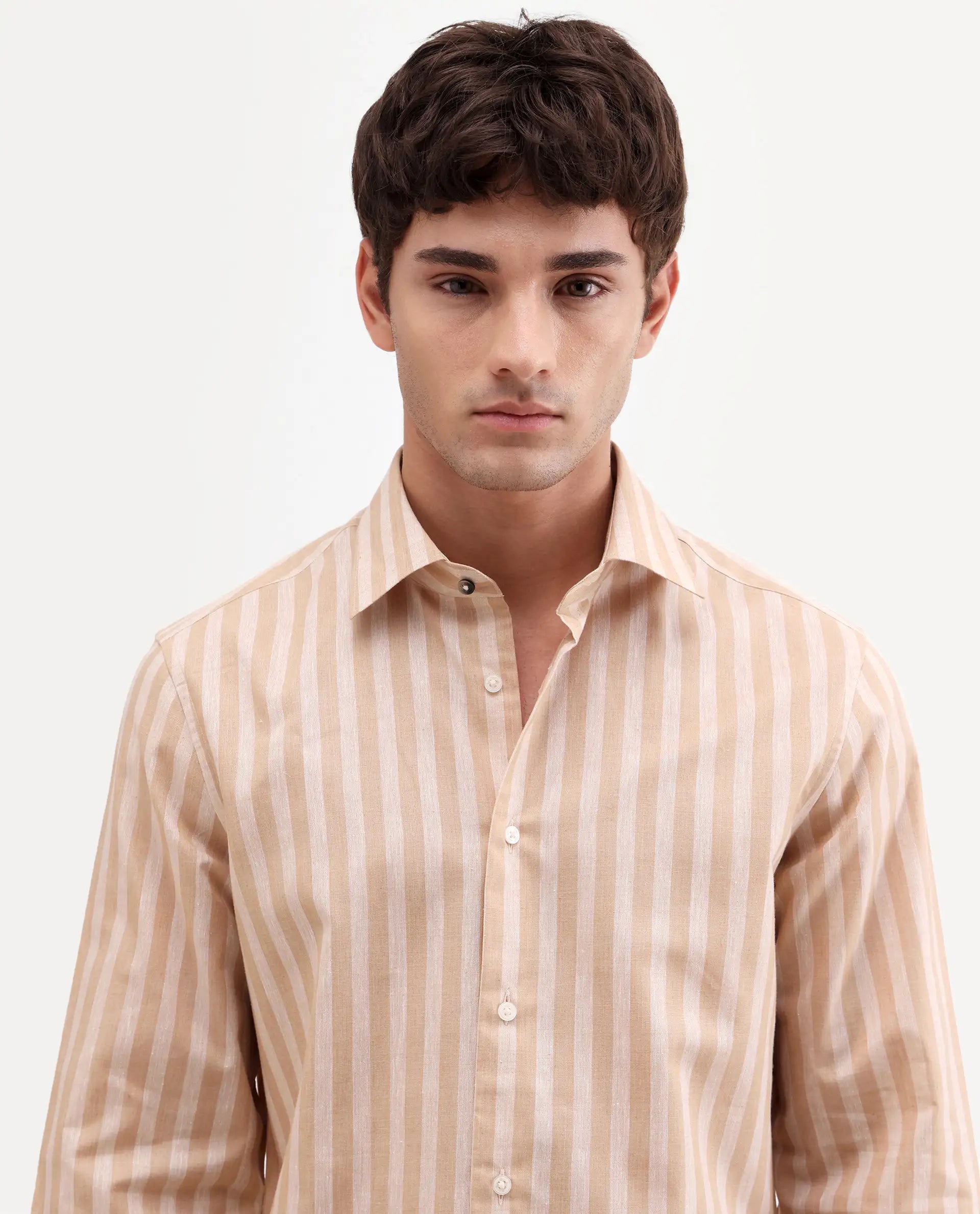 Rare Rabbit Men's Mink Beige 100% Linen Fabric Full Sleeve Spread Collar Button Regular Fit Striped Shirt