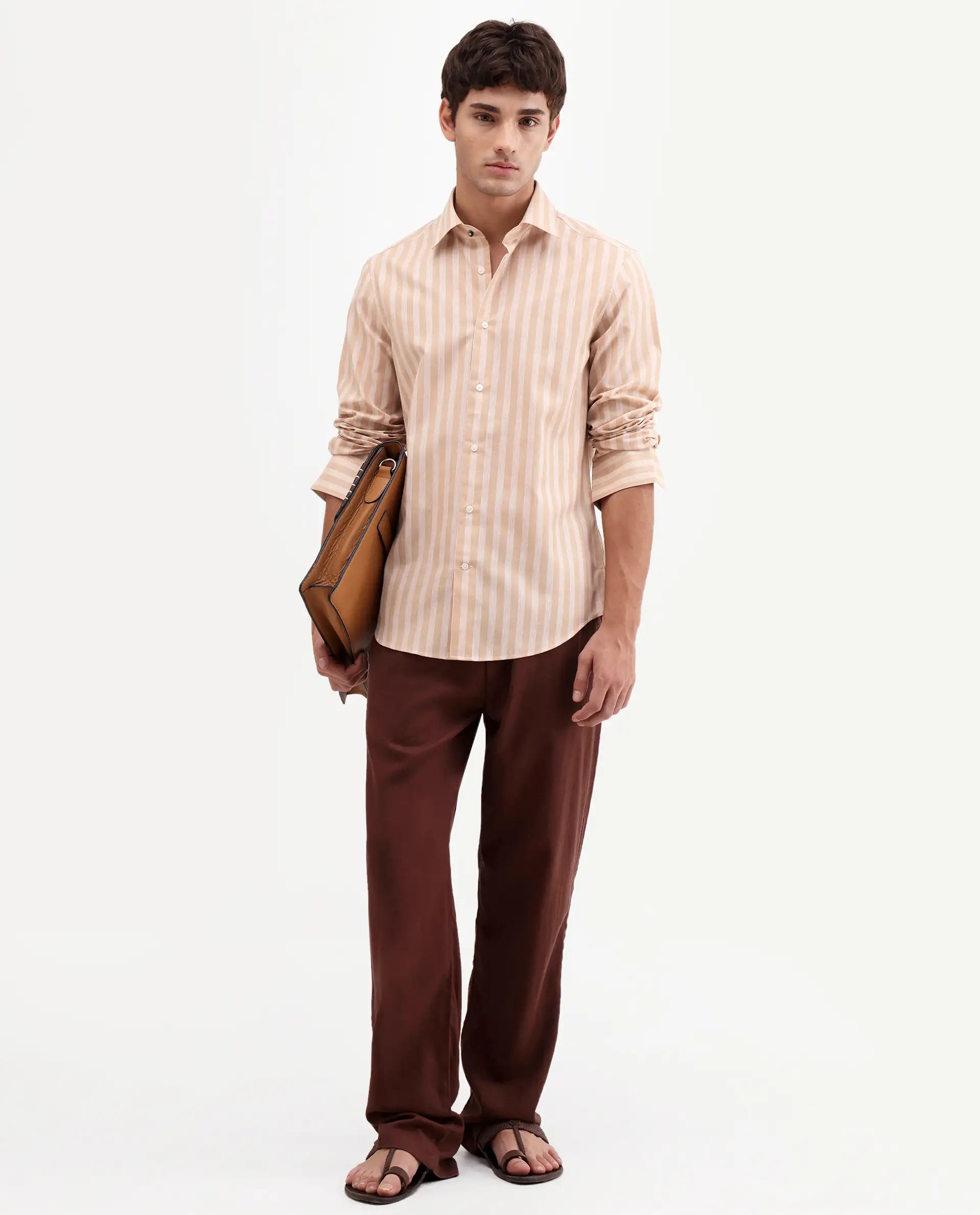 Rare Rabbit Men's Mink Beige 100% Linen Fabric Full Sleeve Spread Collar Button Regular Fit Striped Shirt