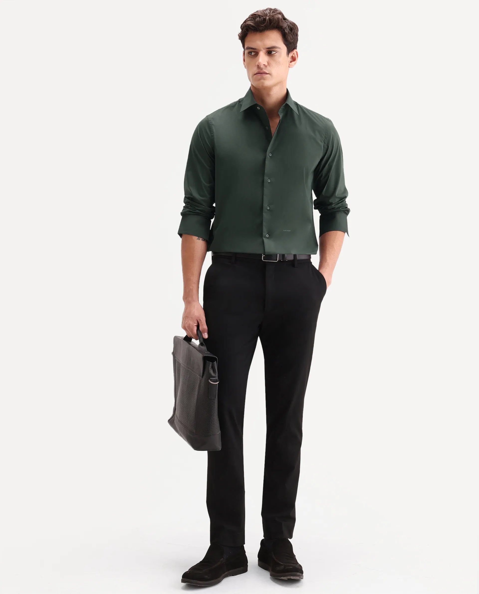 Rare Rabbit Men's Zidan Dark Green Cotton Blend Fabric Full Sleeve Spread Collar Button Regular Plain Shirt