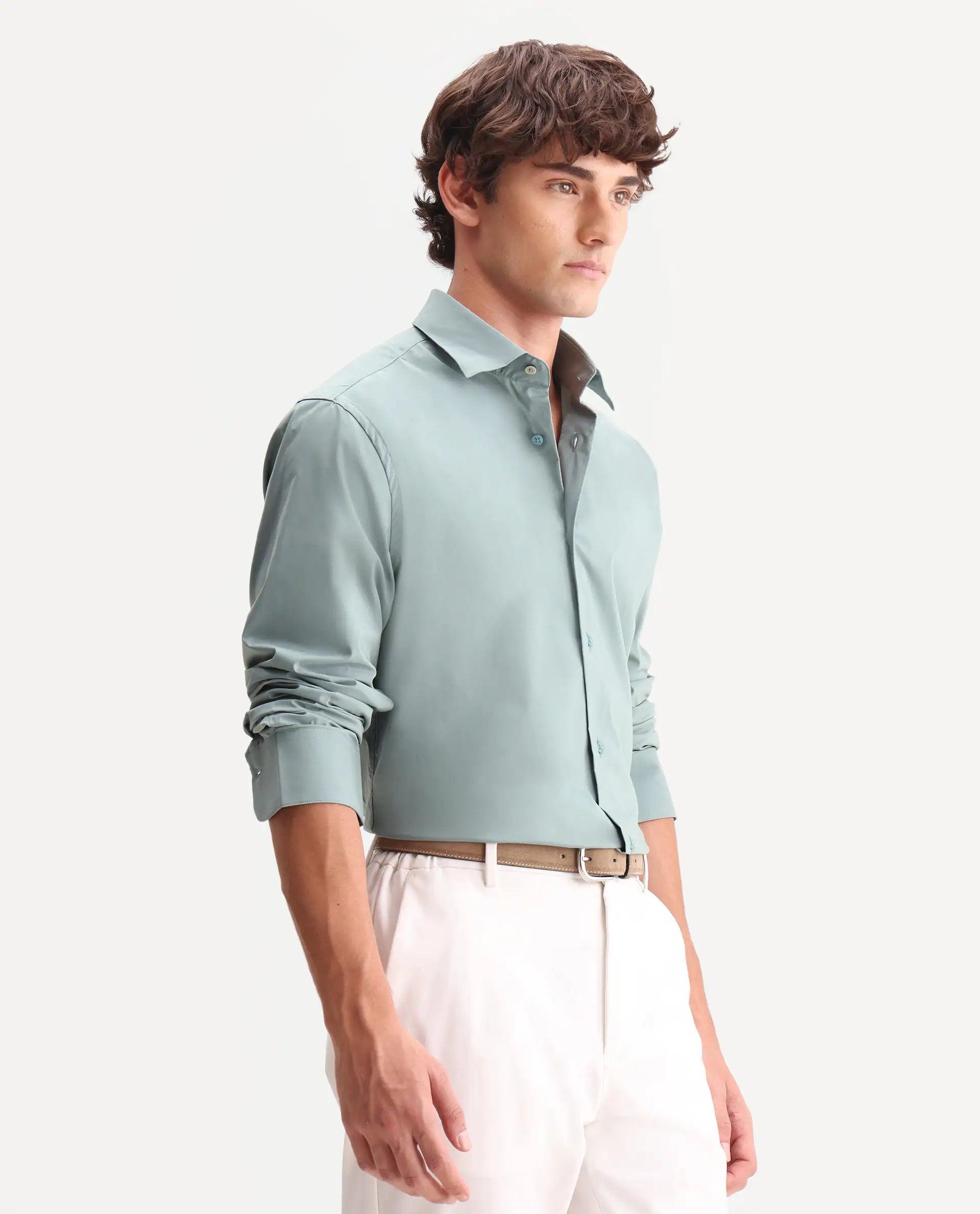 Rare Rabbit Men's Zidan Dusky Teal Cotton Blend Fabric Full Sleeve Spread Collar Button Regular Plain Shirt
