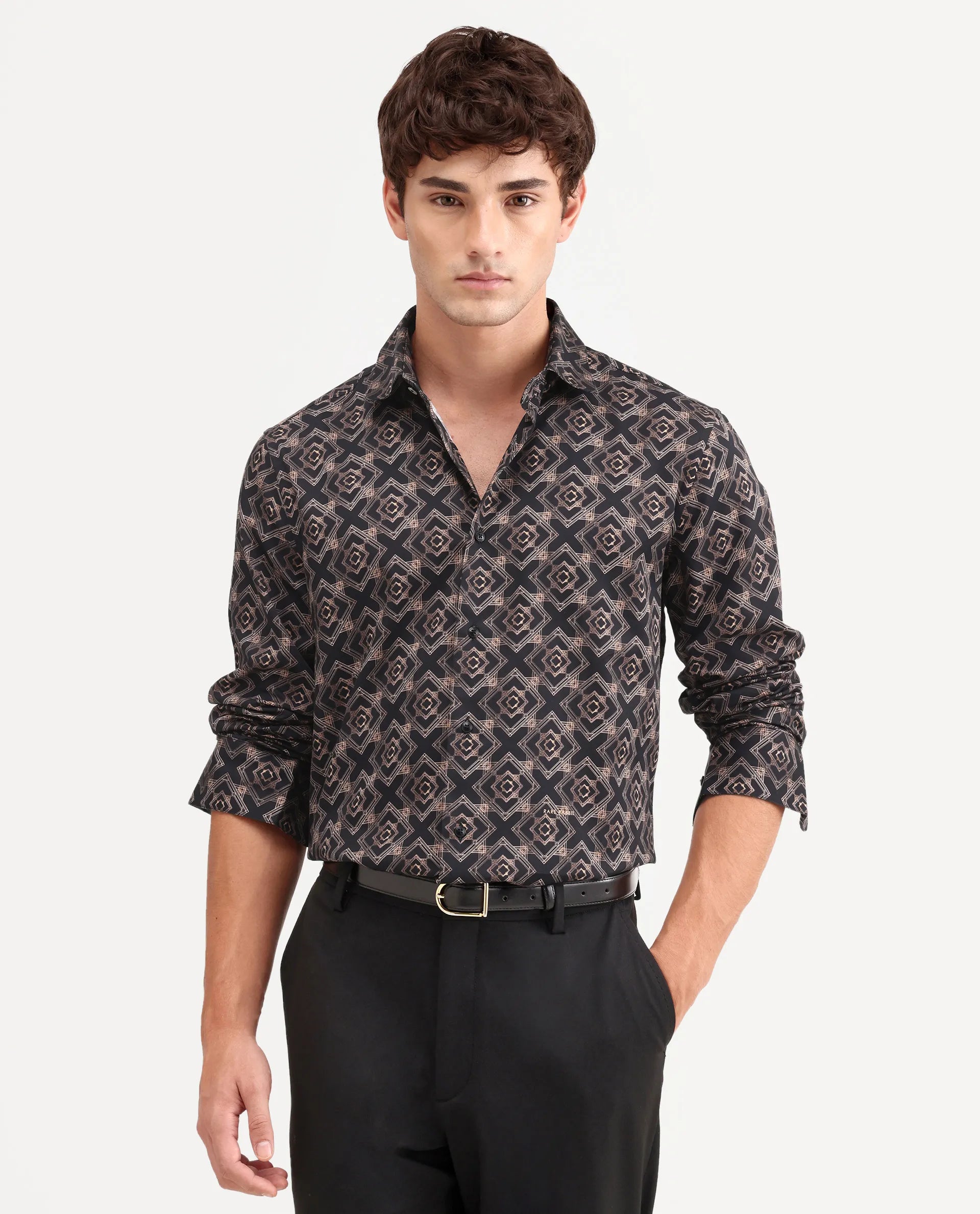 Rare Rabbit Men's Lacy Black Cotton Fabric Full Sleeve Spread Collar Button Regular Fit Geometric Print Shirt