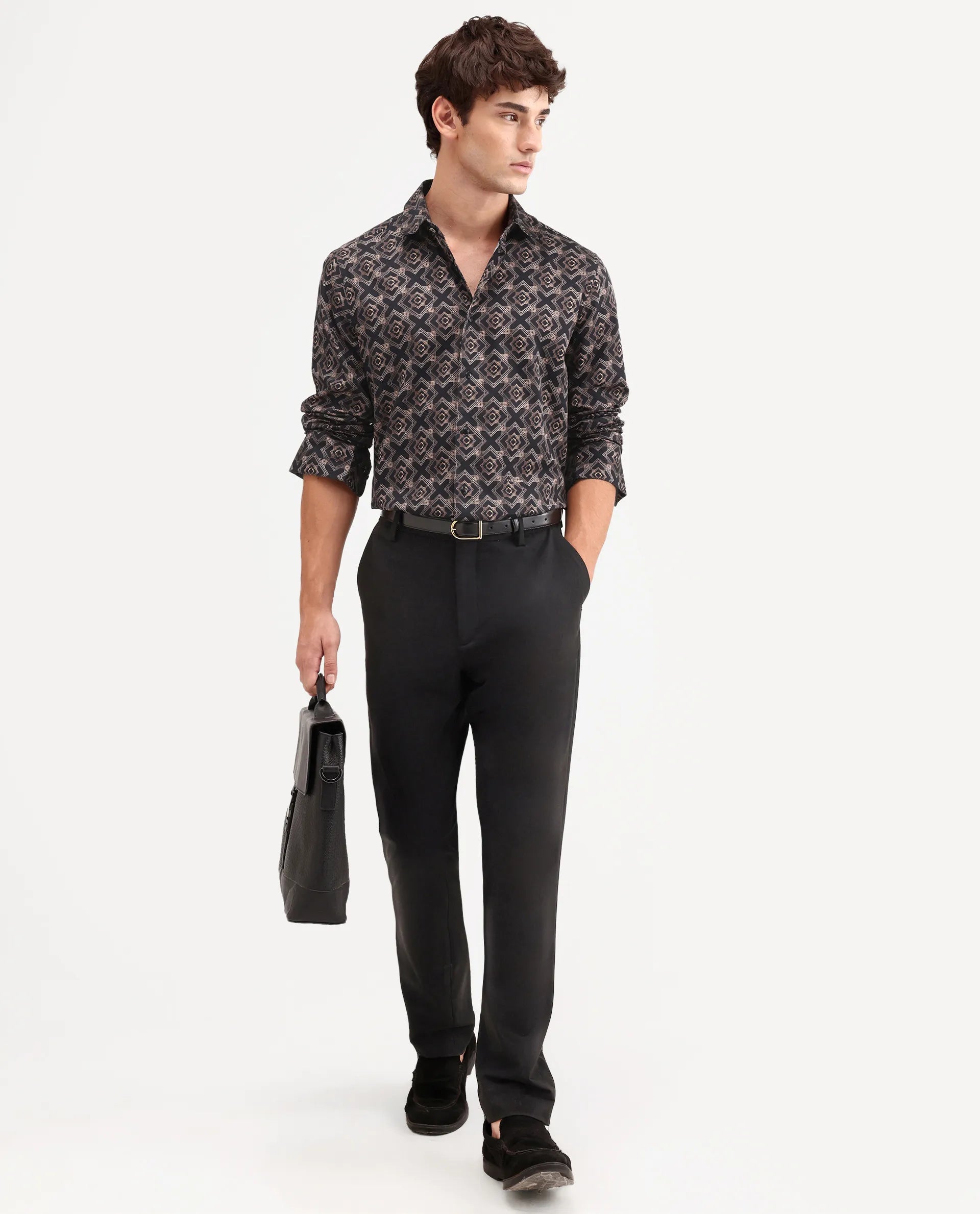 Rare Rabbit Men's Lacy Black Cotton Fabric Full Sleeve Spread Collar Button Regular Fit Geometric Print Shirt