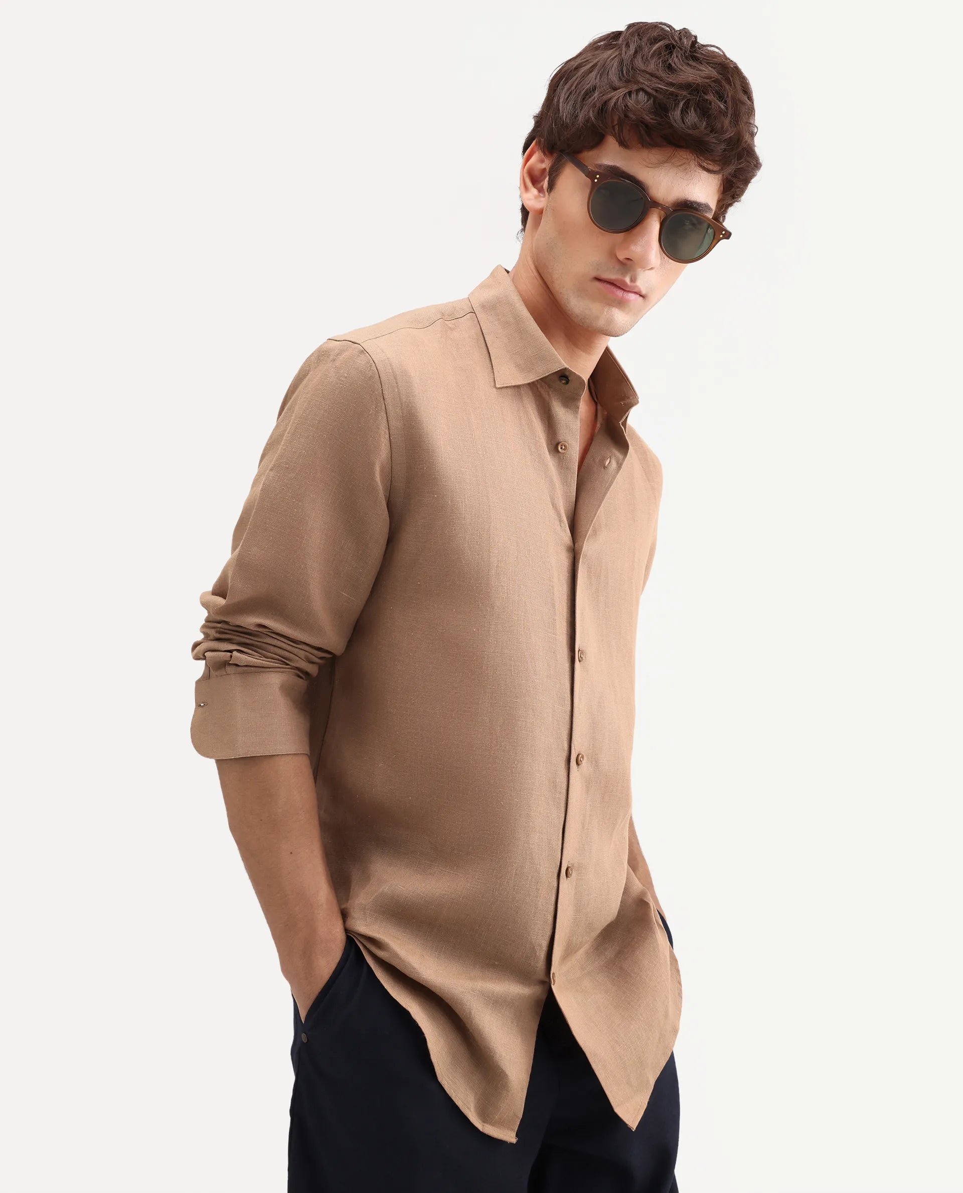 Rare Rabbit Men's Aeri-Fs Light Brown Linen Blend Fabric Full Sleeve Spread Collar Button Regular Plain Shirt