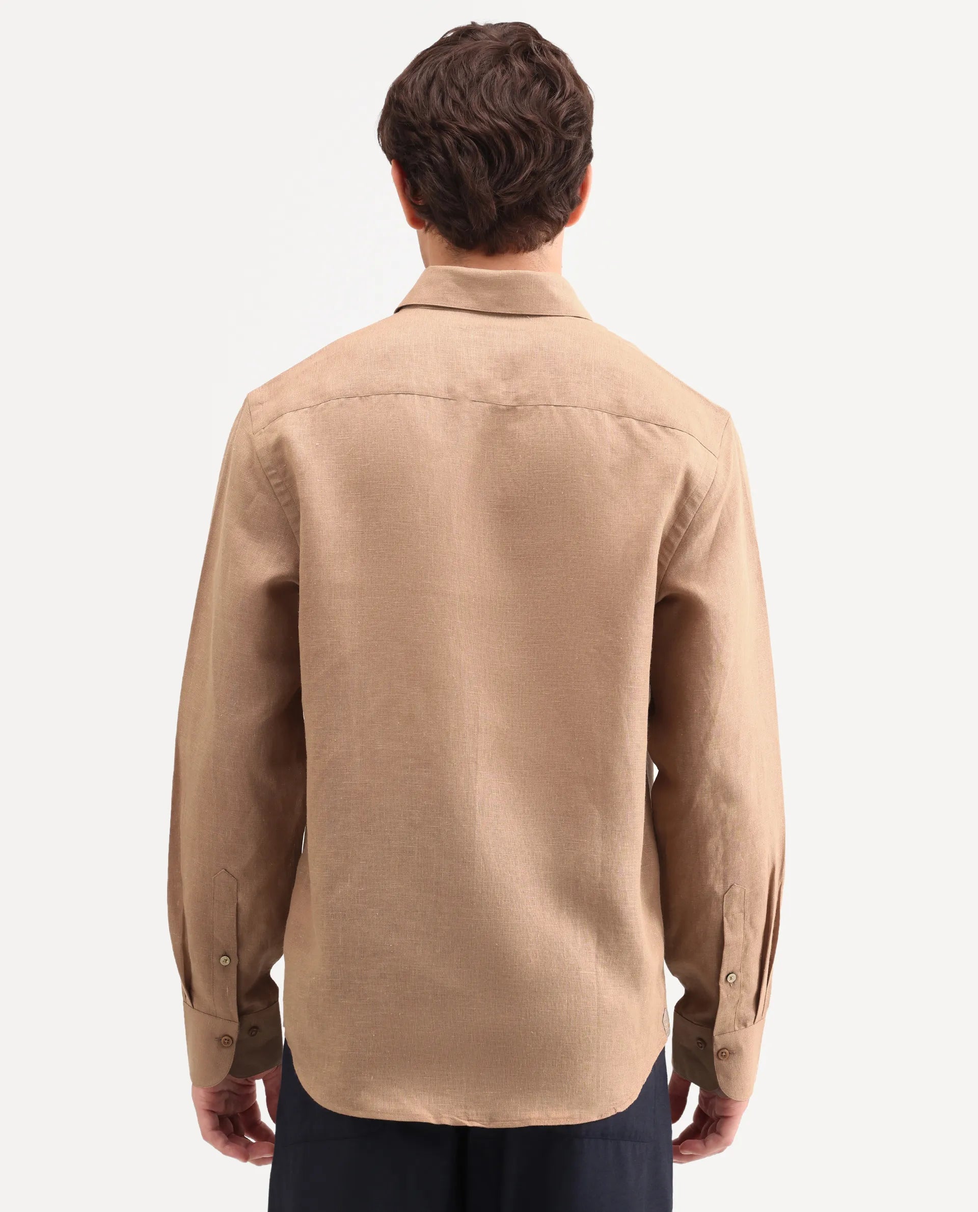 Rare Rabbit Men's Aeri-Fs Light Brown Linen Blend Fabric Full Sleeve Spread Collar Button Regular Plain Shirt