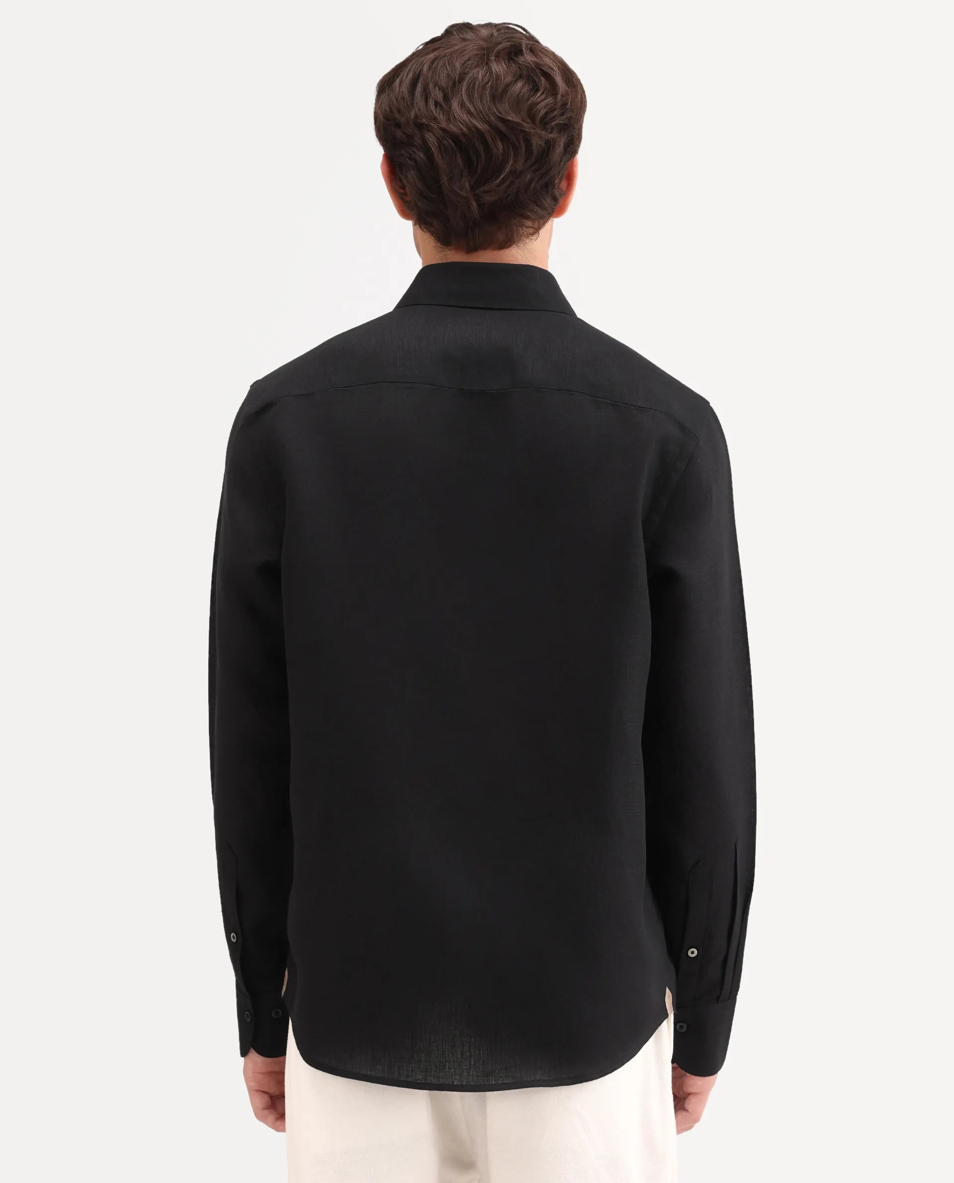 Rare Rabbit Men's Aeri-Fs Black Linen Blend Fabric Full Sleeve Spread Collar Button Regular Plain Shirt