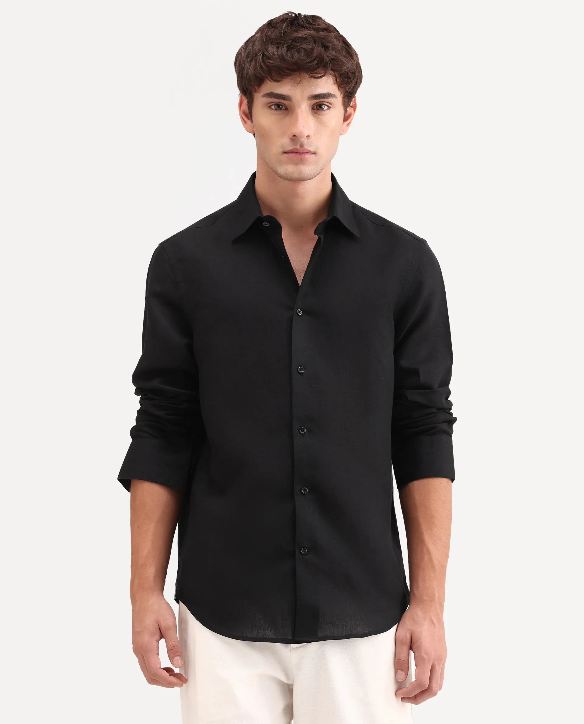 Rare Rabbit Men's Aeri-Fs Black Linen Blend Fabric Full Sleeve Spread Collar Button Regular Plain Shirt
