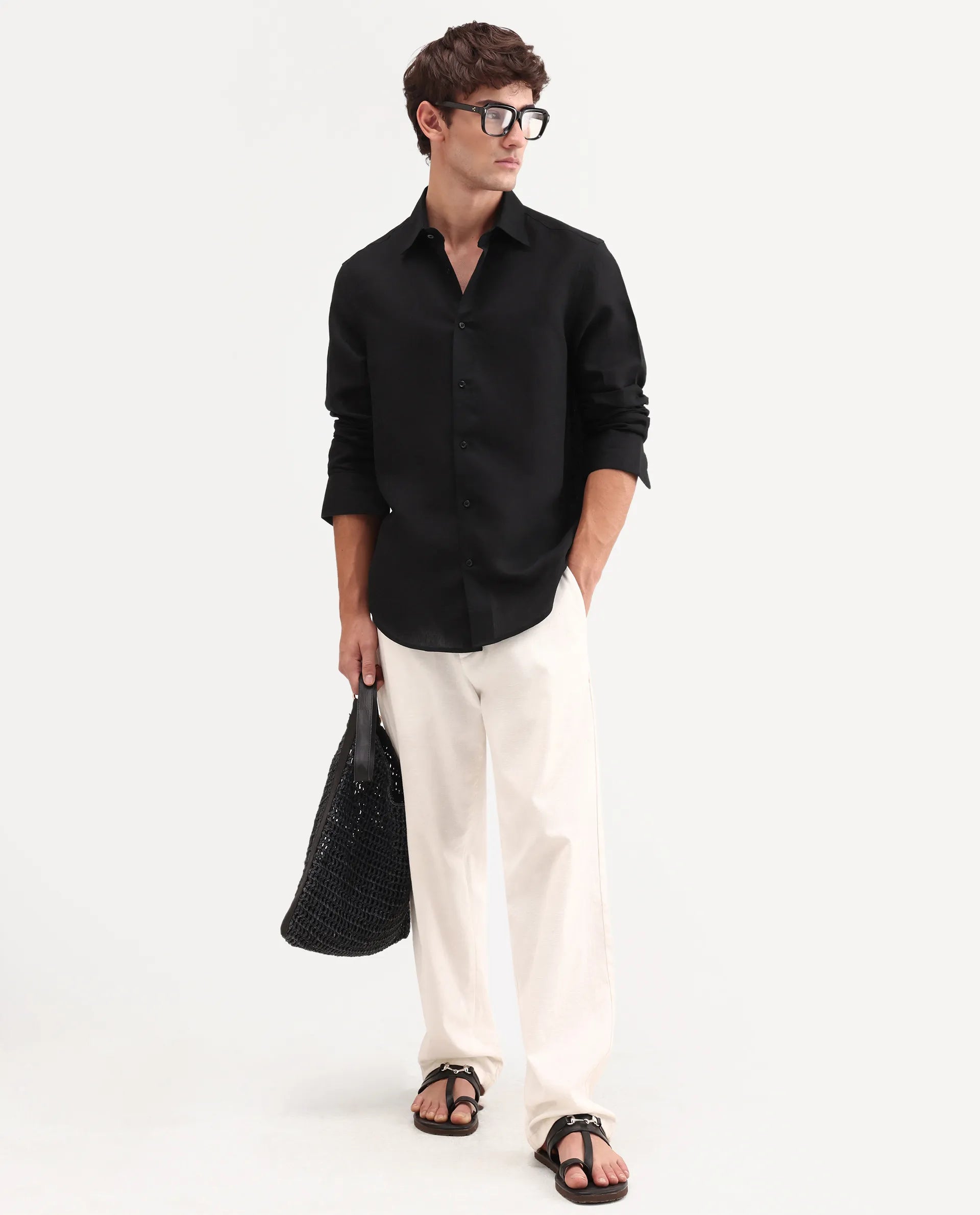 Rare Rabbit Men's Aeri-Fs Black Linen Blend Fabric Full Sleeve Spread Collar Button Regular Plain Shirt