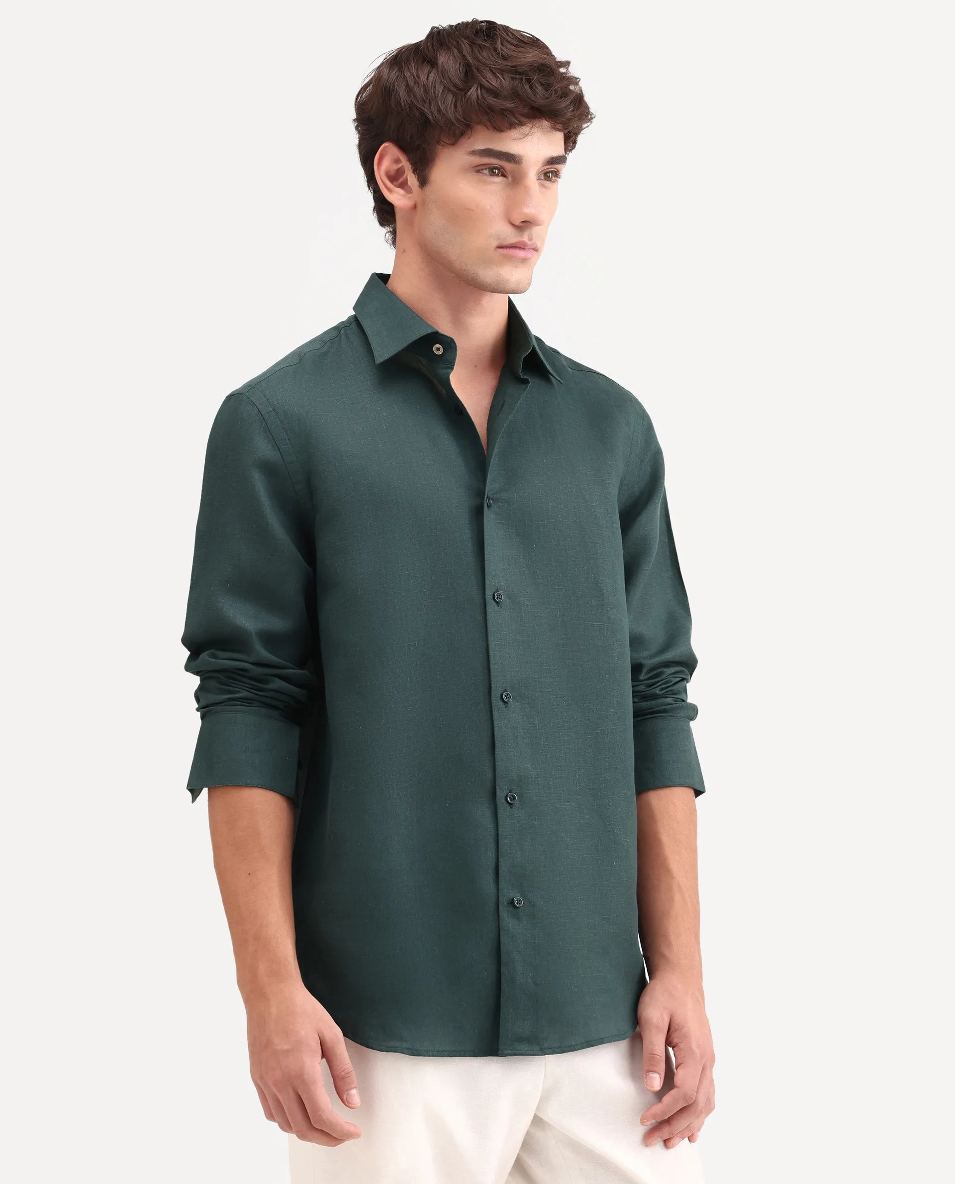 Rare Rabbit Men's Aeri-Fs Teal Linen Blend Fabric Full Sleeve Spread Collar Button Regular Plain Shirt