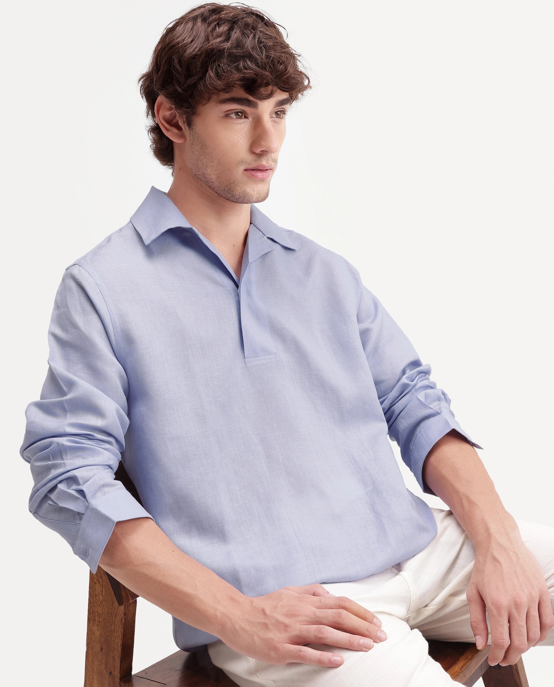 Rare Rabbit Men's Aerik Light Purple Linen Blend Fabric Full Sleeve Cuban Collar Button Regular Plain Shirt
