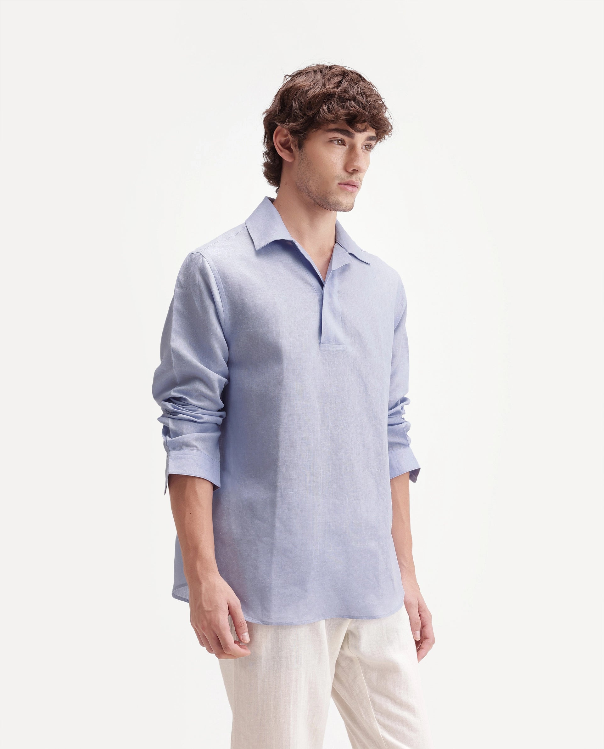 Rare Rabbit Men's Aerik Light Purple Linen Blend Fabric Full Sleeve Cuban Collar Button Regular Plain Shirt