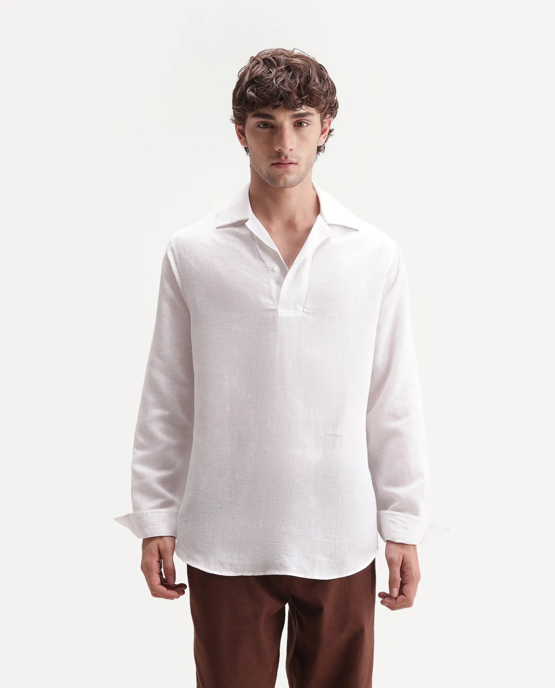 Rare Rabbit Men's Aerik White Linen Blend Fabric Full Sleeve Cuban Collar Button Regular Plain Shirt