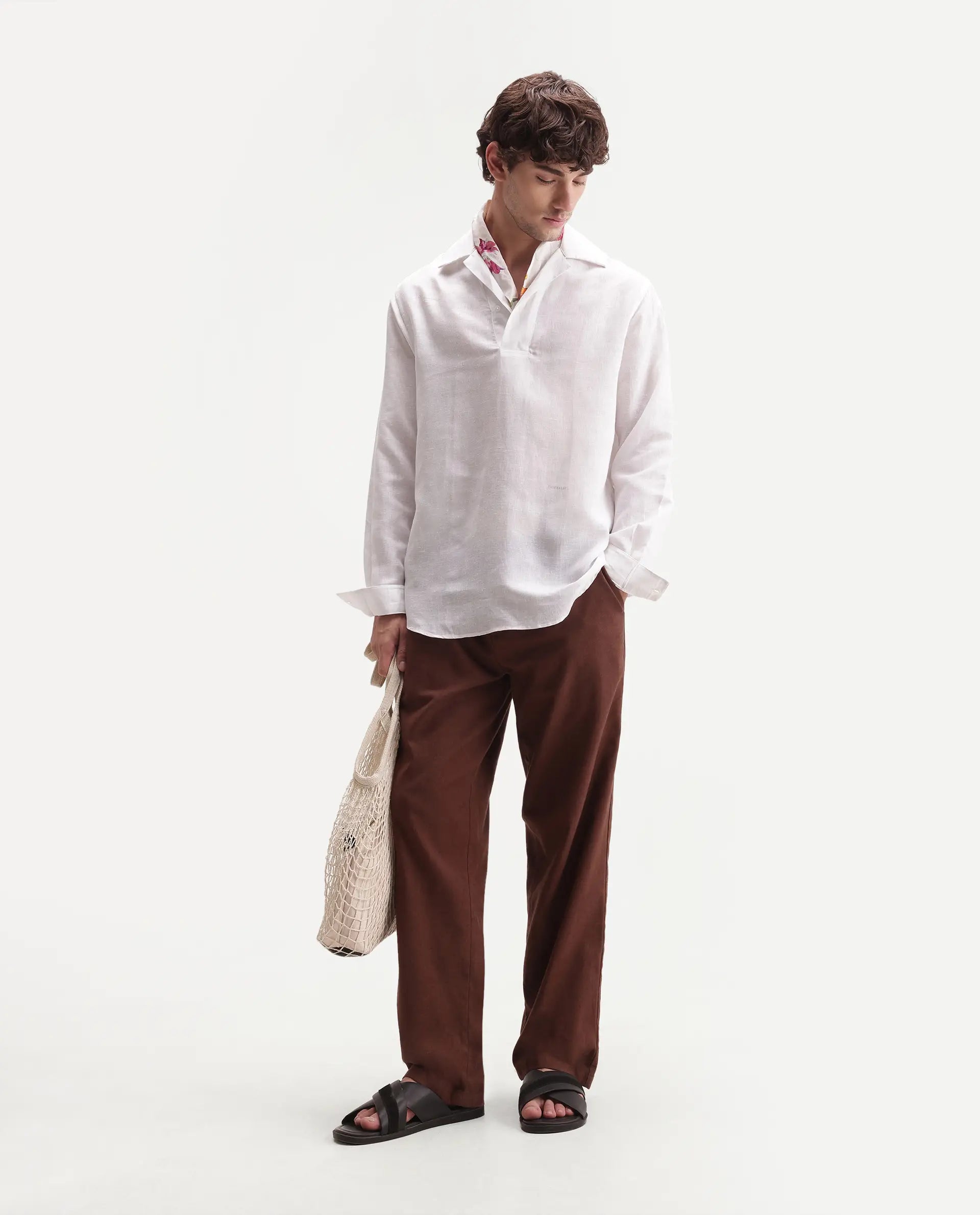 Rare Rabbit Men's Aerik White Linen Blend Fabric Full Sleeve Cuban Collar Button Regular Plain Shirt