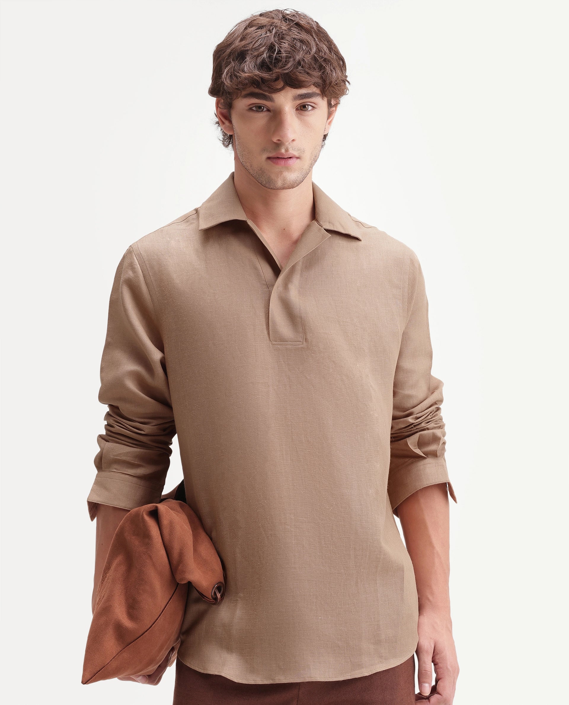 Rare Rabbit Men's Aerik Light Brown Linen Blend Fabric Full Sleeve Cuban Collar Button Regular Plain Shirt