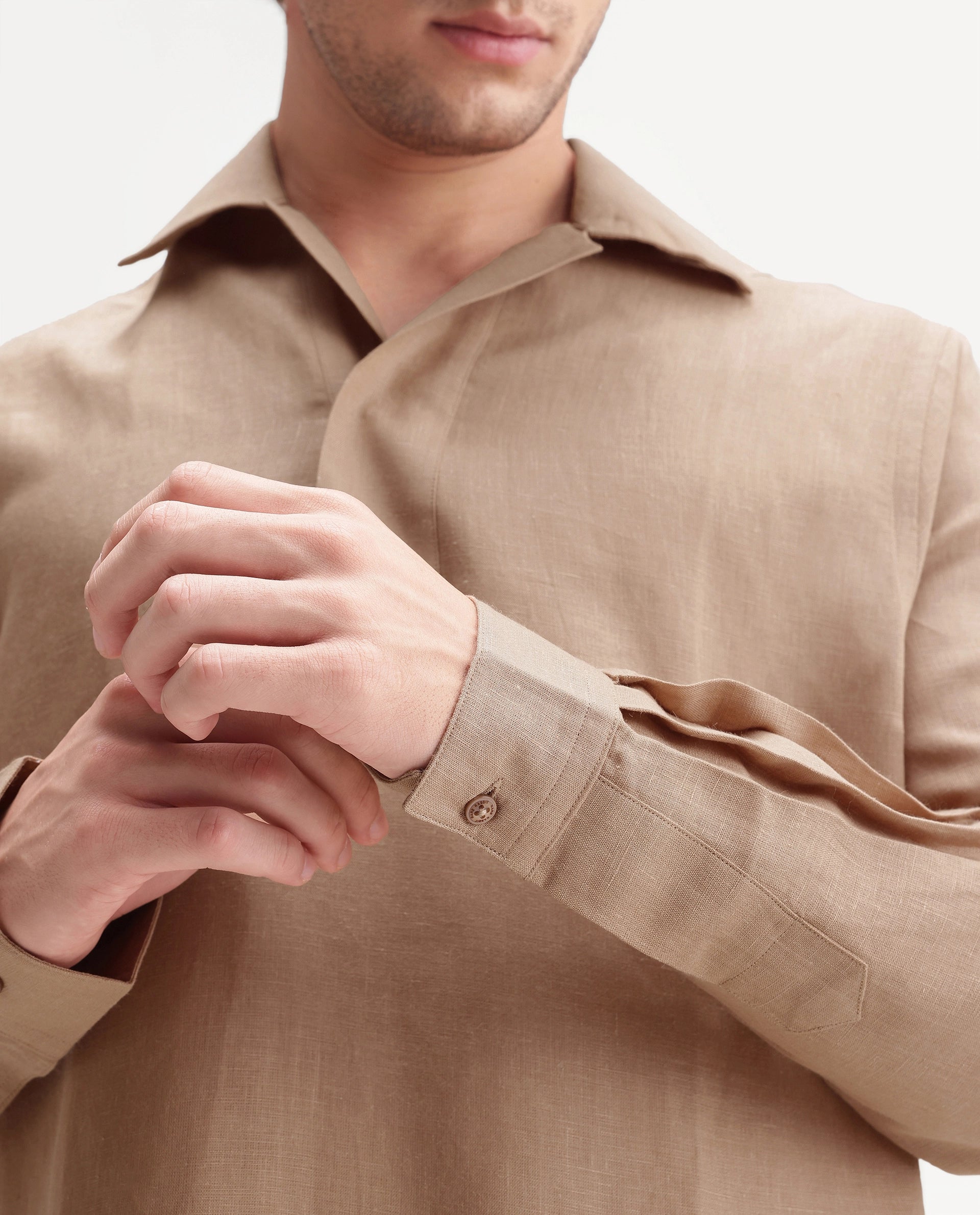 Rare Rabbit Men's Aerik Light Brown Linen Blend Fabric Full Sleeve Cuban Collar Button Regular Plain Shirt