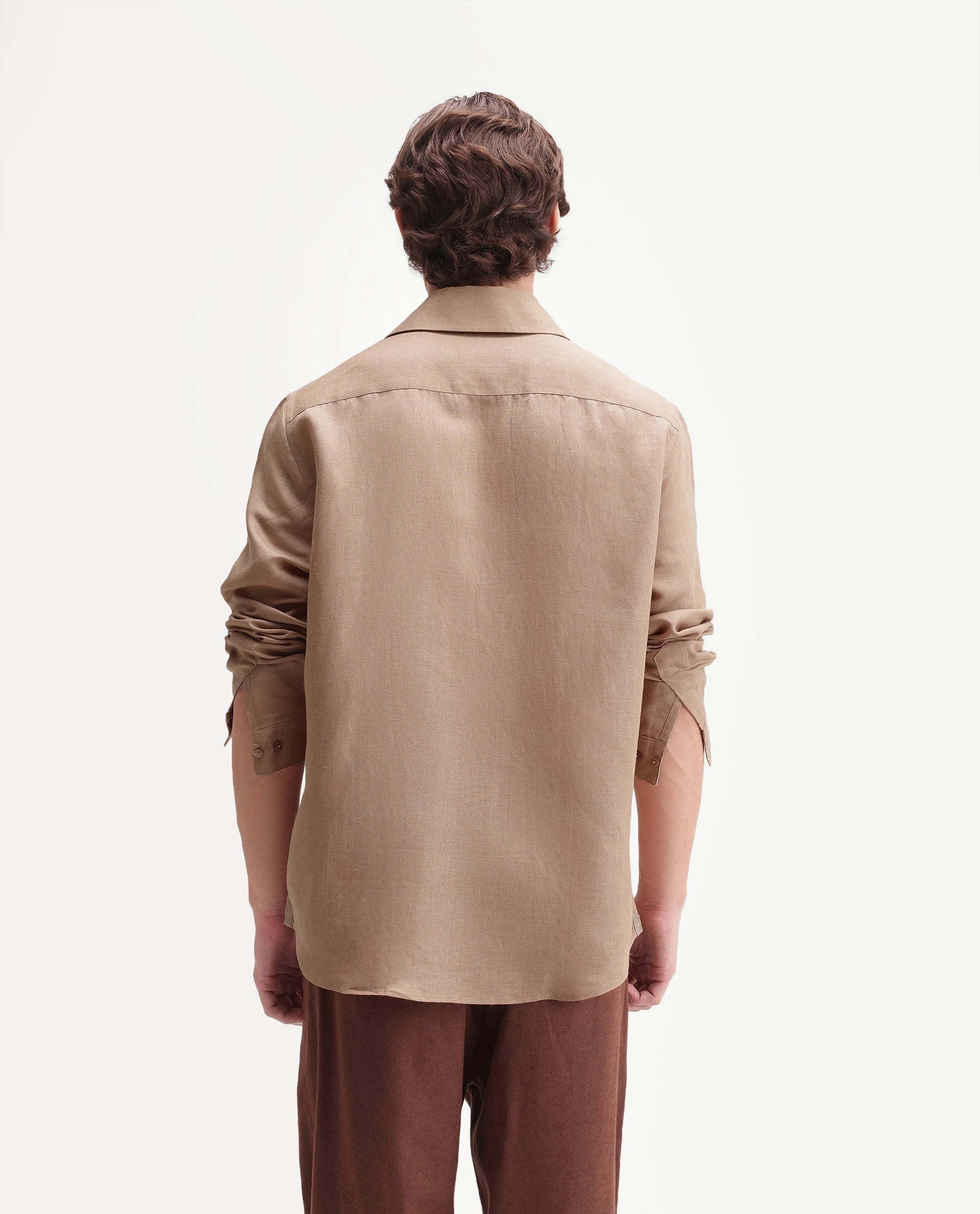 Rare Rabbit Men's Aerik Light Brown Linen Blend Fabric Full Sleeve Cuban Collar Button Regular Plain Shirt