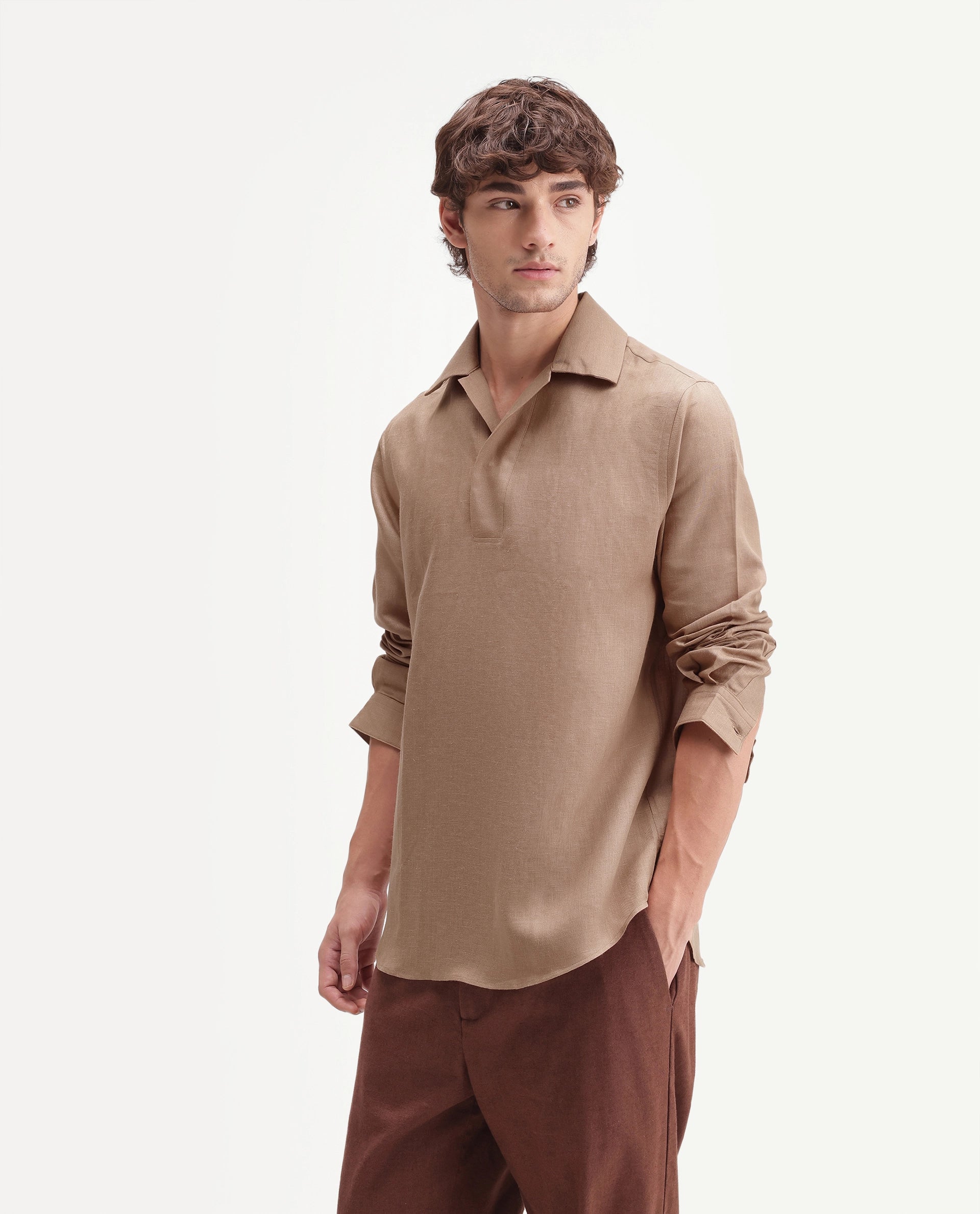 Rare Rabbit Men's Aerik Light Brown Linen Blend Fabric Full Sleeve Cuban Collar Button Regular Plain Shirt