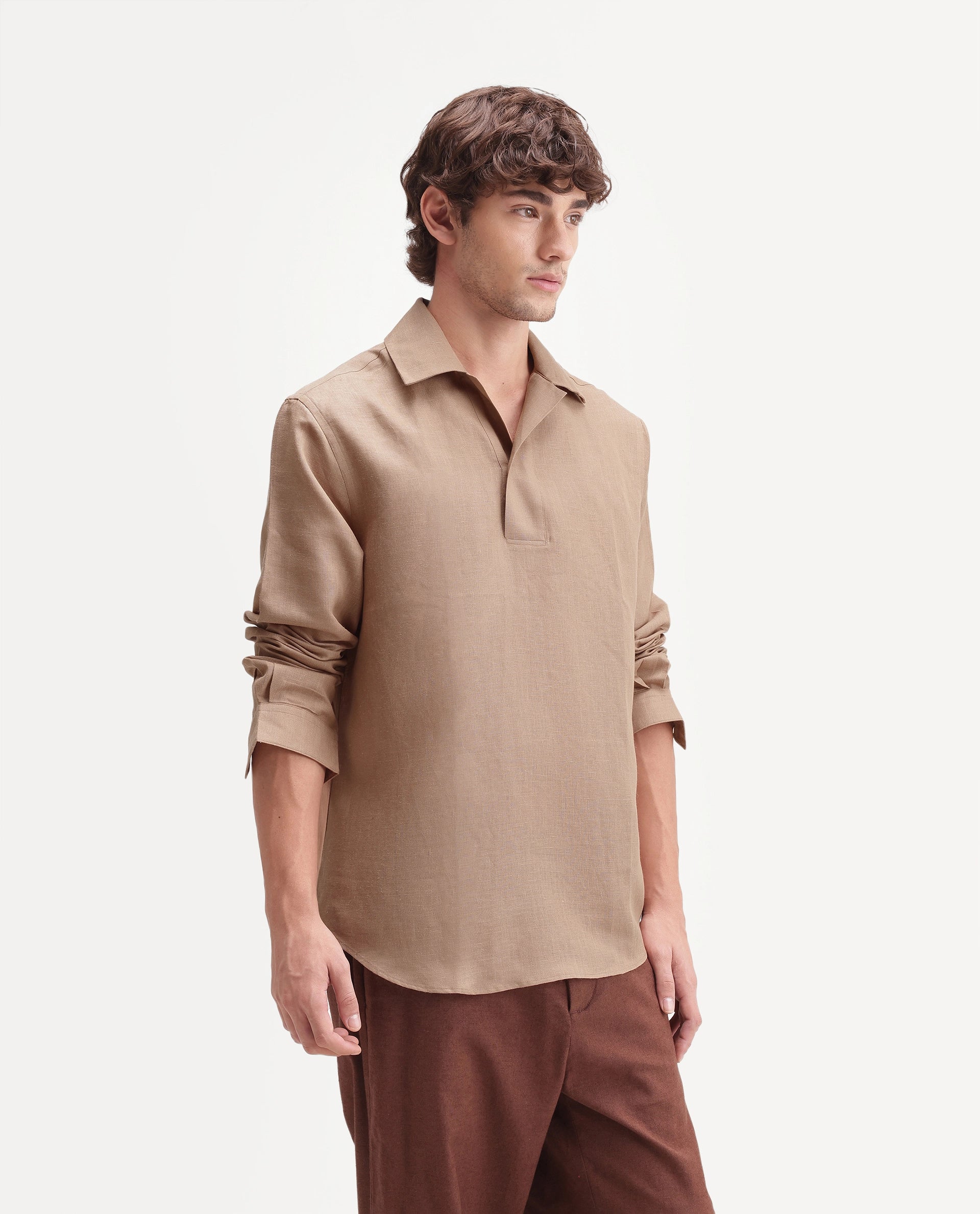 Rare Rabbit Men's Aerik Light Brown Linen Blend Fabric Full Sleeve Cuban Collar Button Regular Plain Shirt