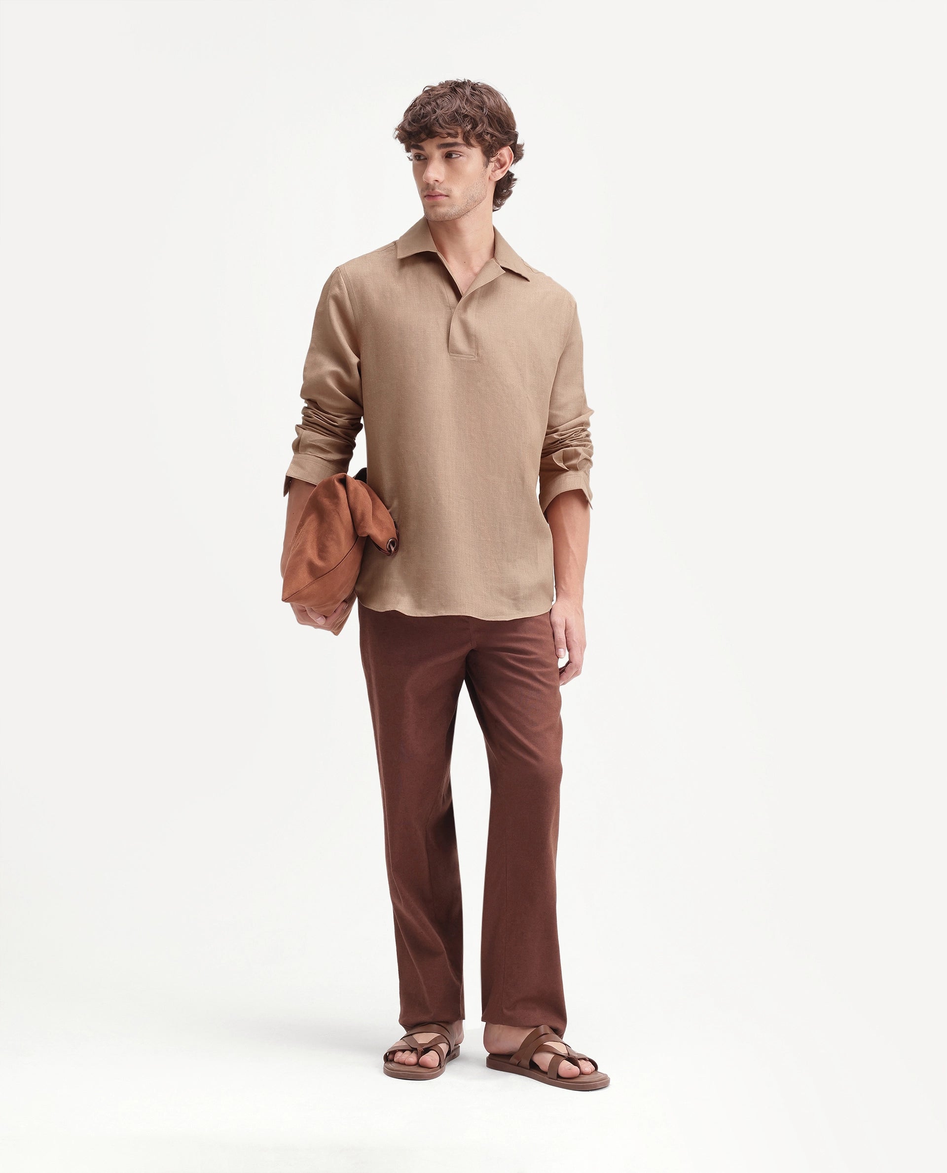 Rare Rabbit Men's Aerik Light Brown Linen Blend Fabric Full Sleeve Cuban Collar Button Regular Plain Shirt