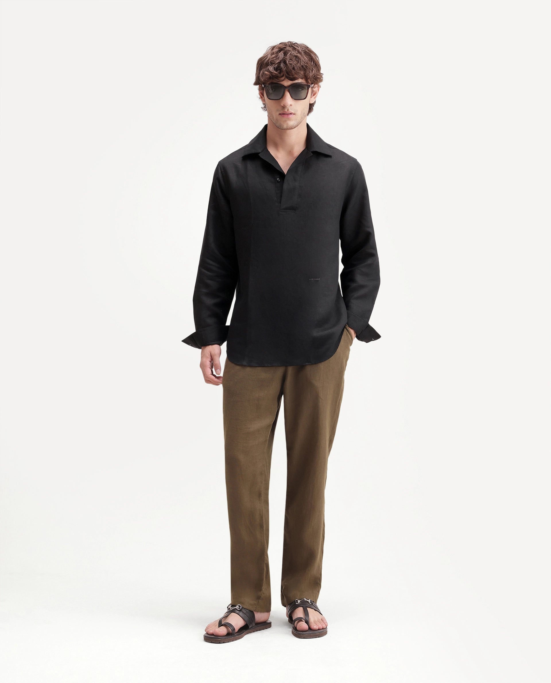 Rare Rabbit Men's Aerik Black Linen Blend Fabric Full Sleeve Cuban Collar Button Regular Plain Shirt