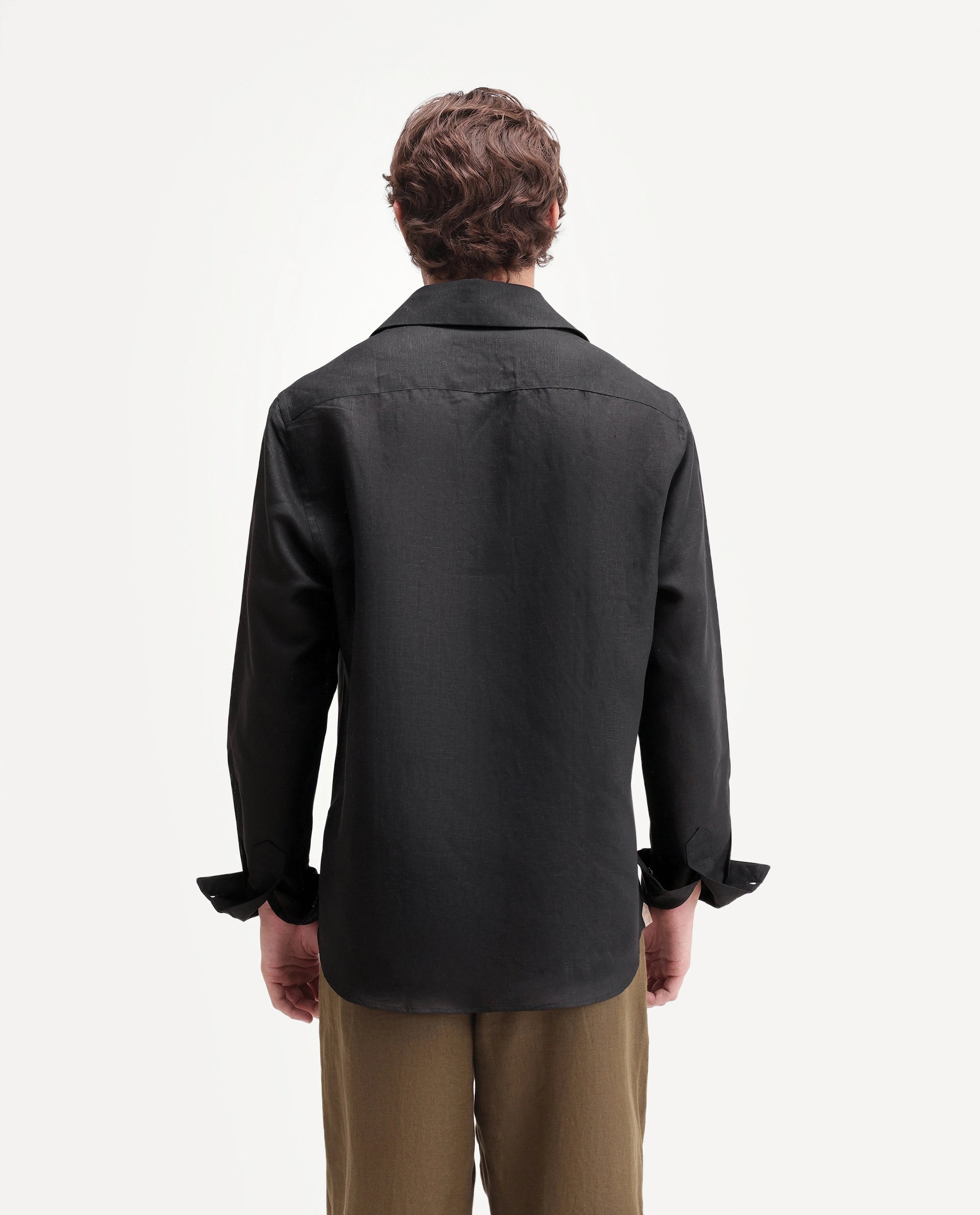 Rare Rabbit Men's Aerik Black Linen Blend Fabric Full Sleeve Cuban Collar Button Regular Plain Shirt