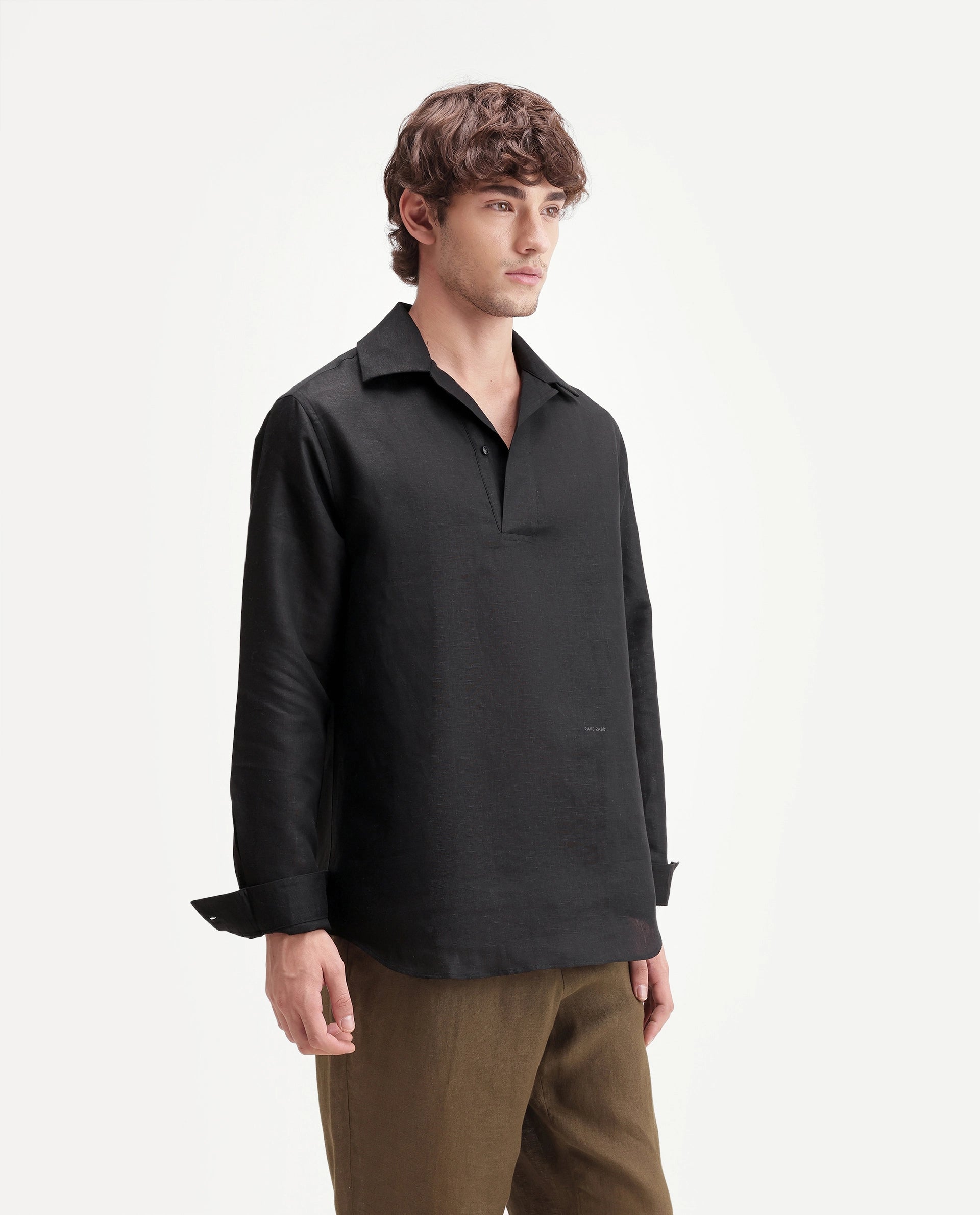 Rare Rabbit Men's Aerik Black Linen Blend Fabric Full Sleeve Cuban Collar Button Regular Plain Shirt