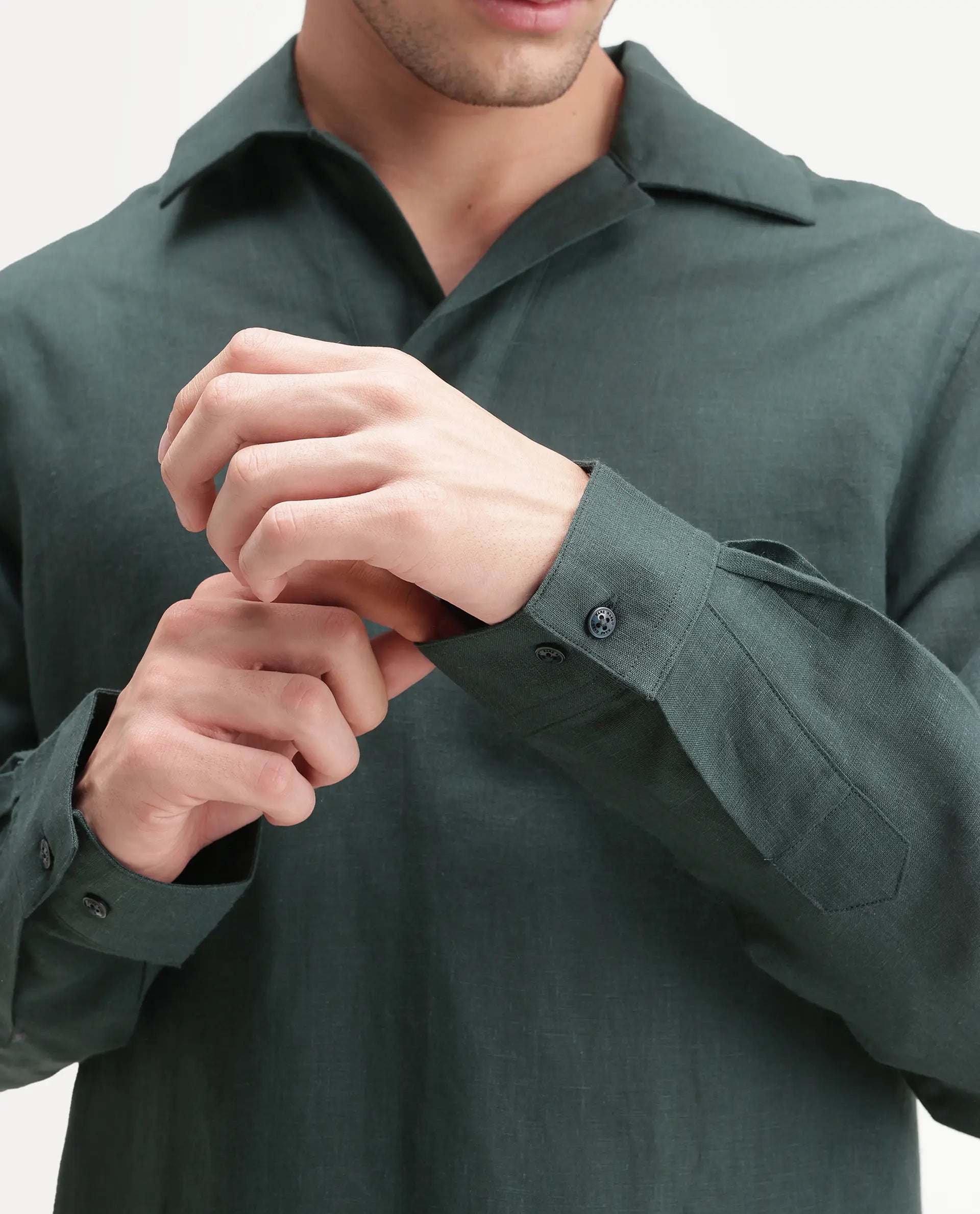 Rare Rabbit Men's Aerik Teal Linen Blend Fabric Full Sleeve Spread Collar Button Regular Plain Shirt