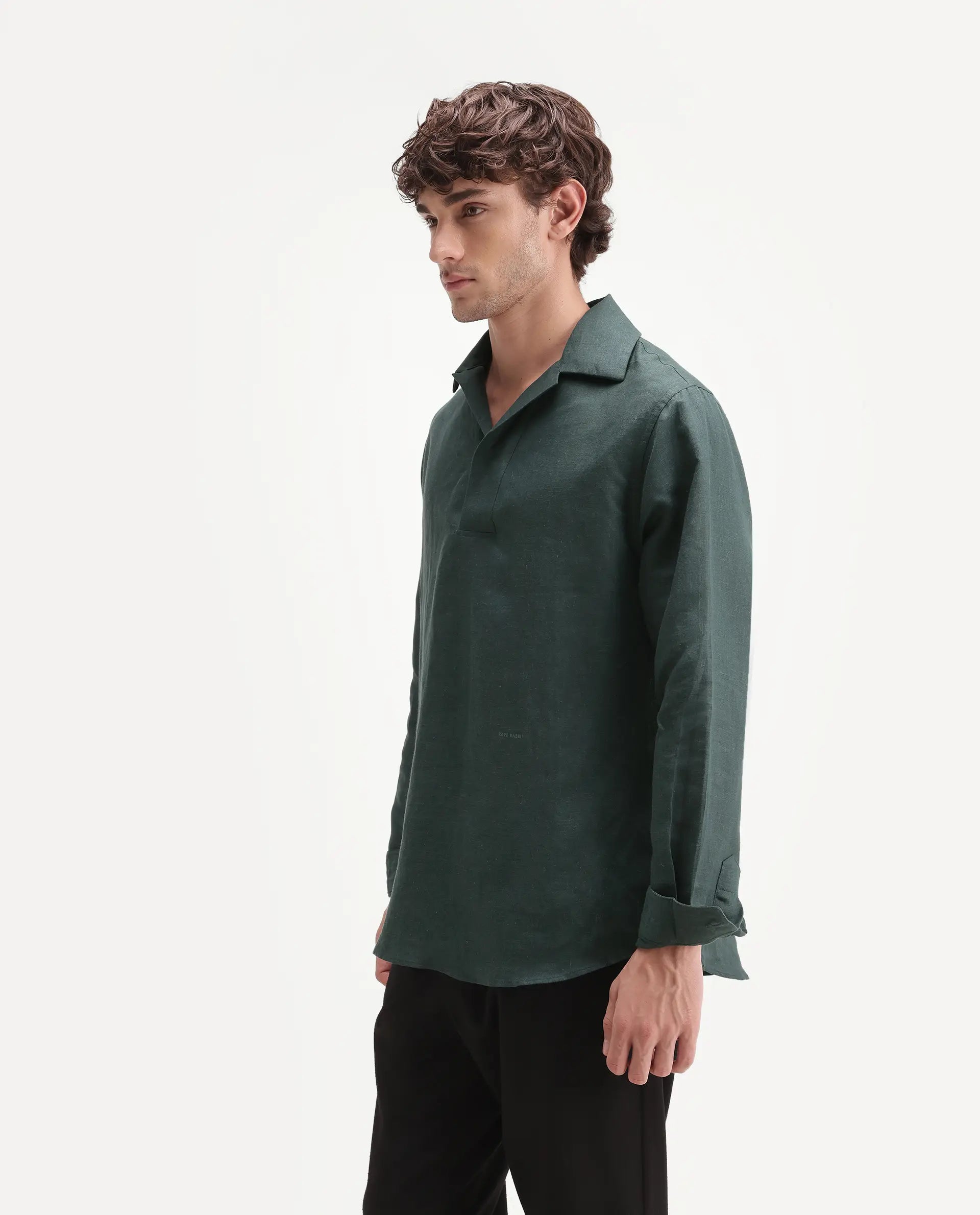 Rare Rabbit Men's Aerik Teal Linen Blend Fabric Full Sleeve Spread Collar Button Regular Plain Shirt