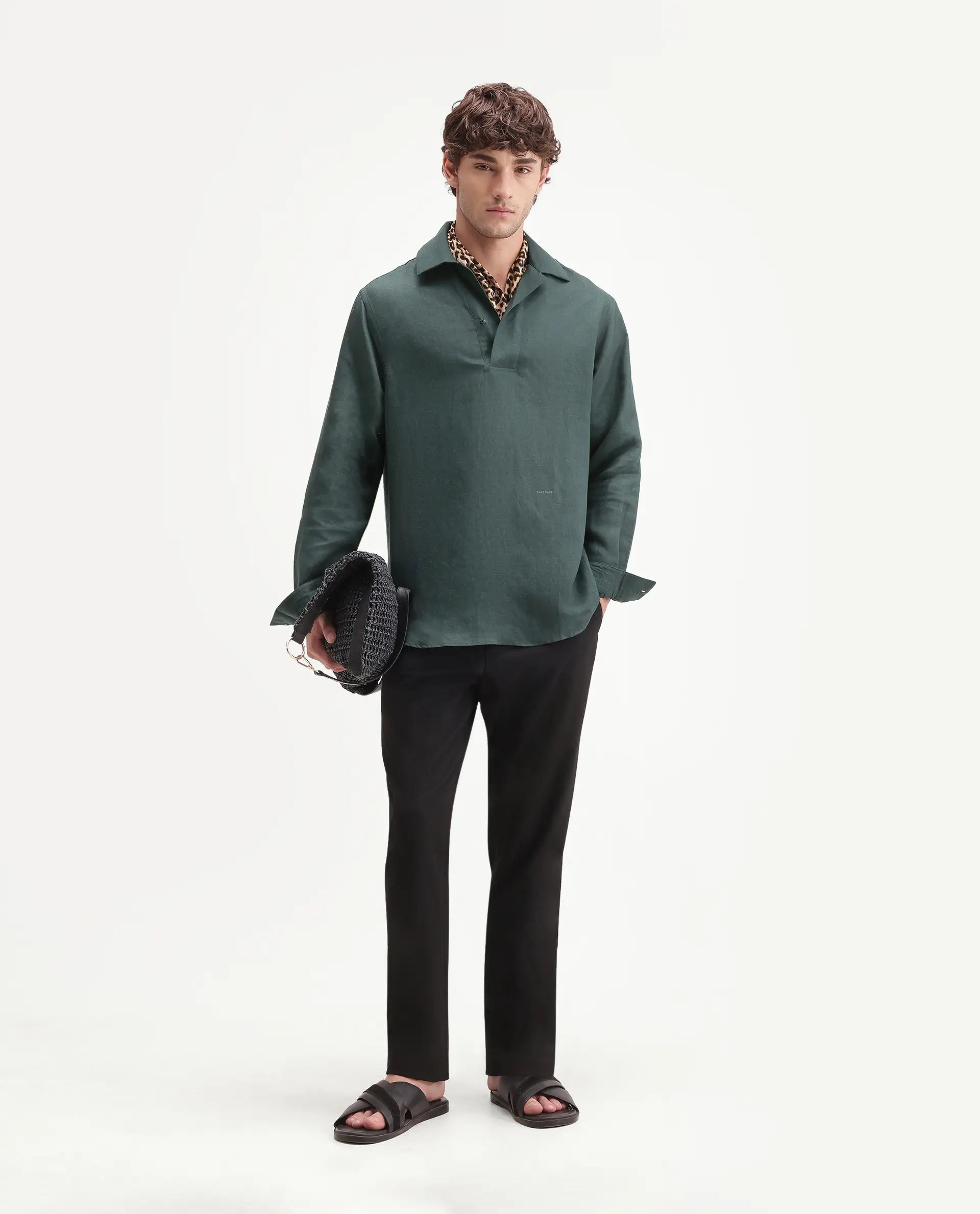 Rare Rabbit Men's Aerik Teal Linen Blend Fabric Full Sleeve Spread Collar Button Regular Plain Shirt