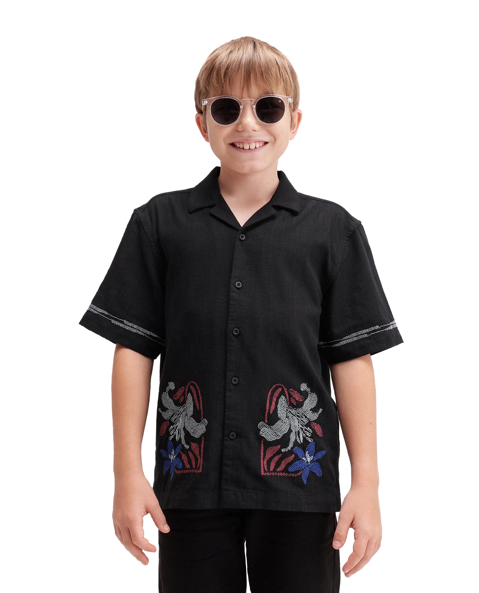 Rare Ones Kids Albo Black Cotton Blend Fabric Button Closure Regular Fit Shirt