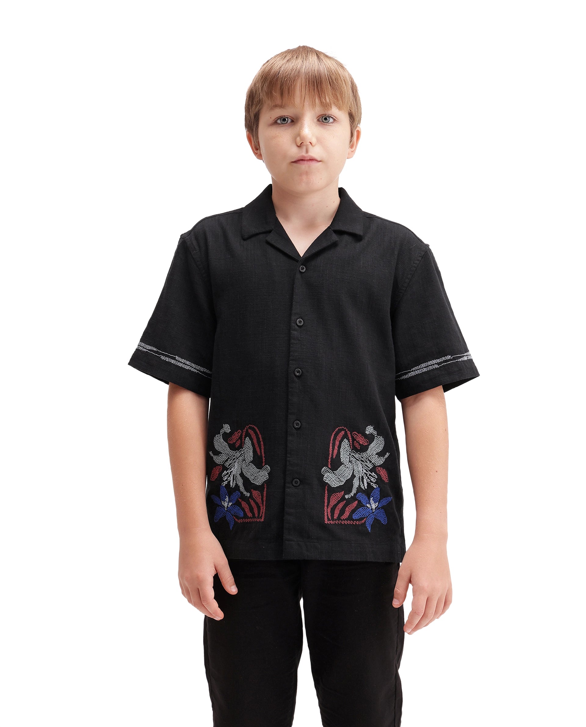 Rare Ones Kids Albo Black Cotton Blend Fabric Button Closure Regular Fit Shirt