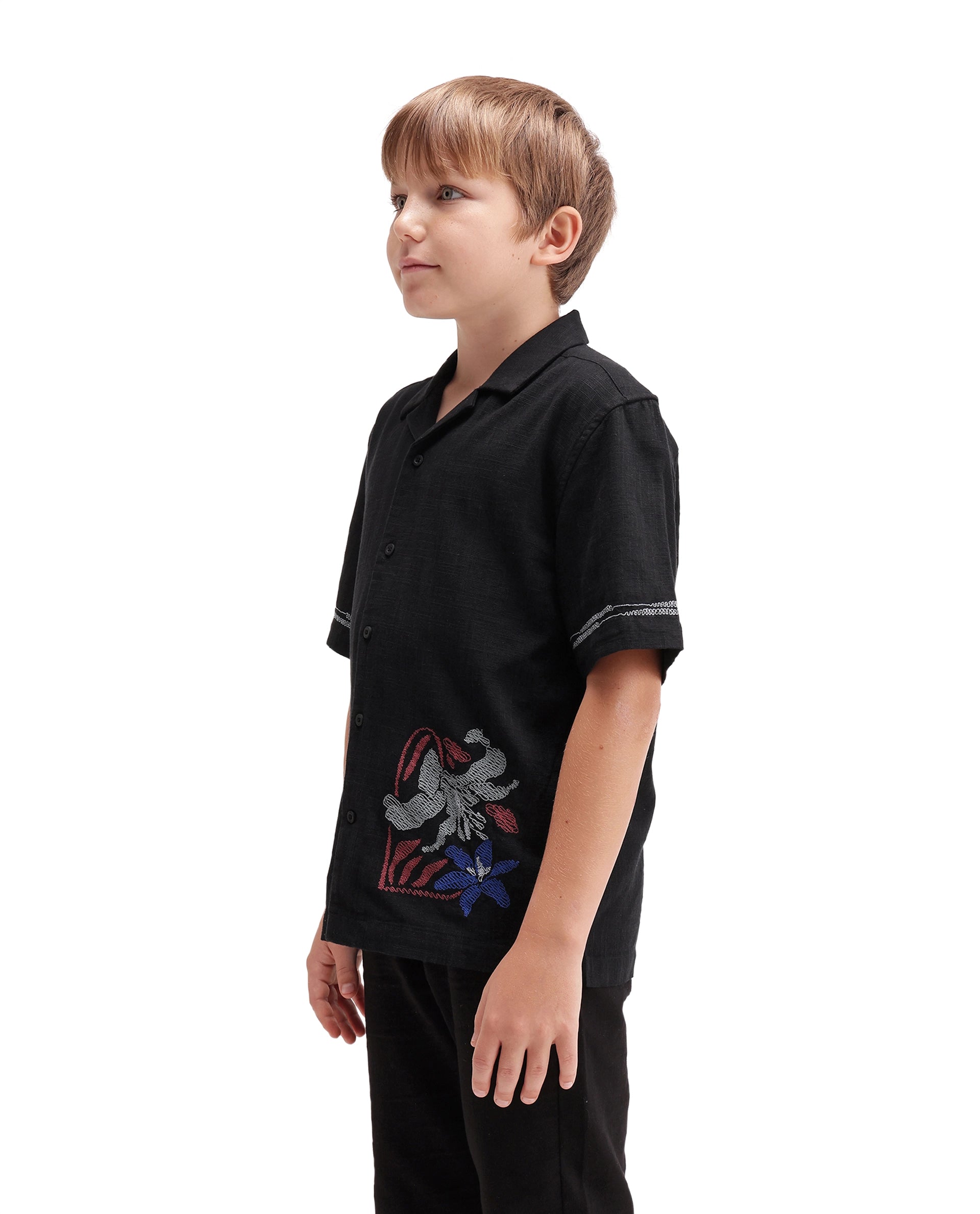 Rare Ones Kids Albo Black Cotton Blend Fabric Button Closure Regular Fit Shirt