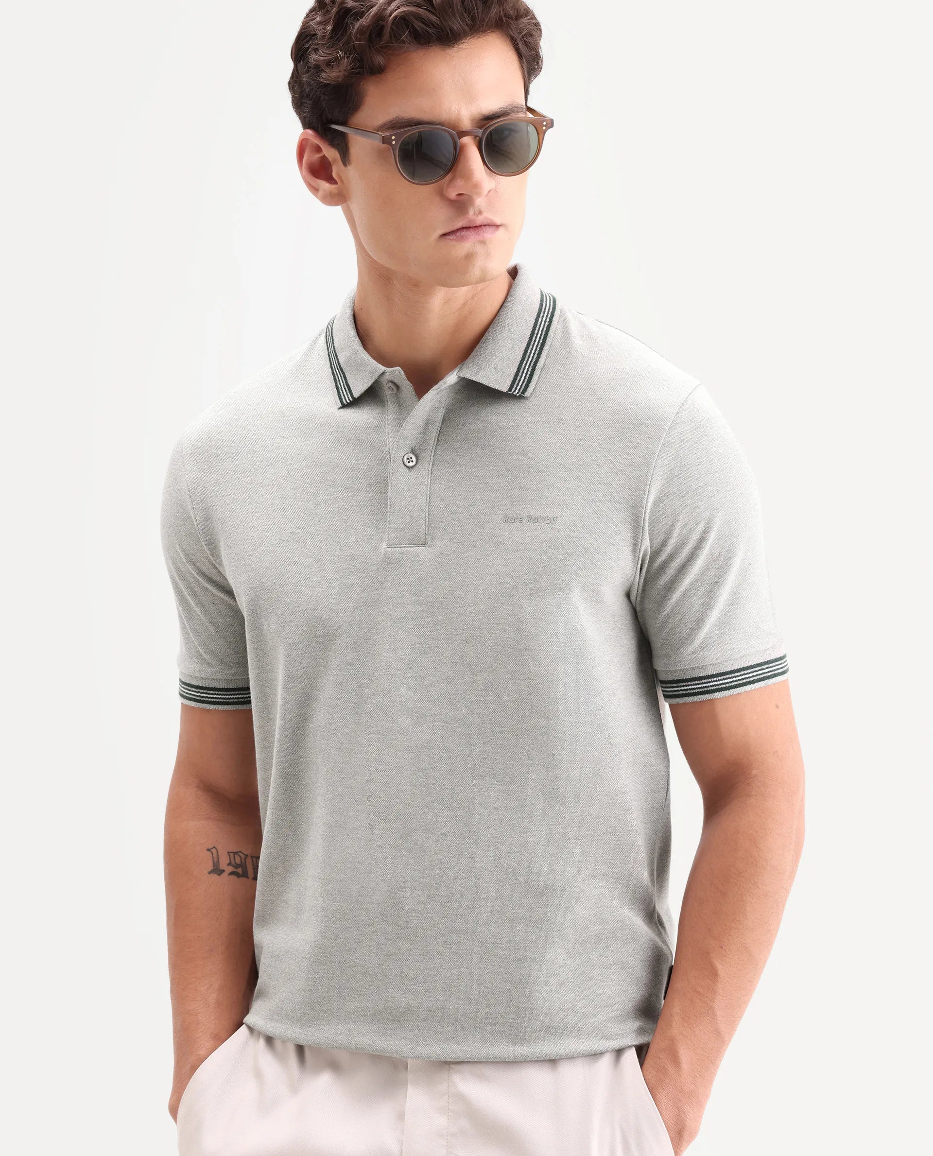 Rare Rabbit Men's Zena Light Grey Cotton Blend Fabric Half Sleeve Spread Collar Regular Fit Plain Polo